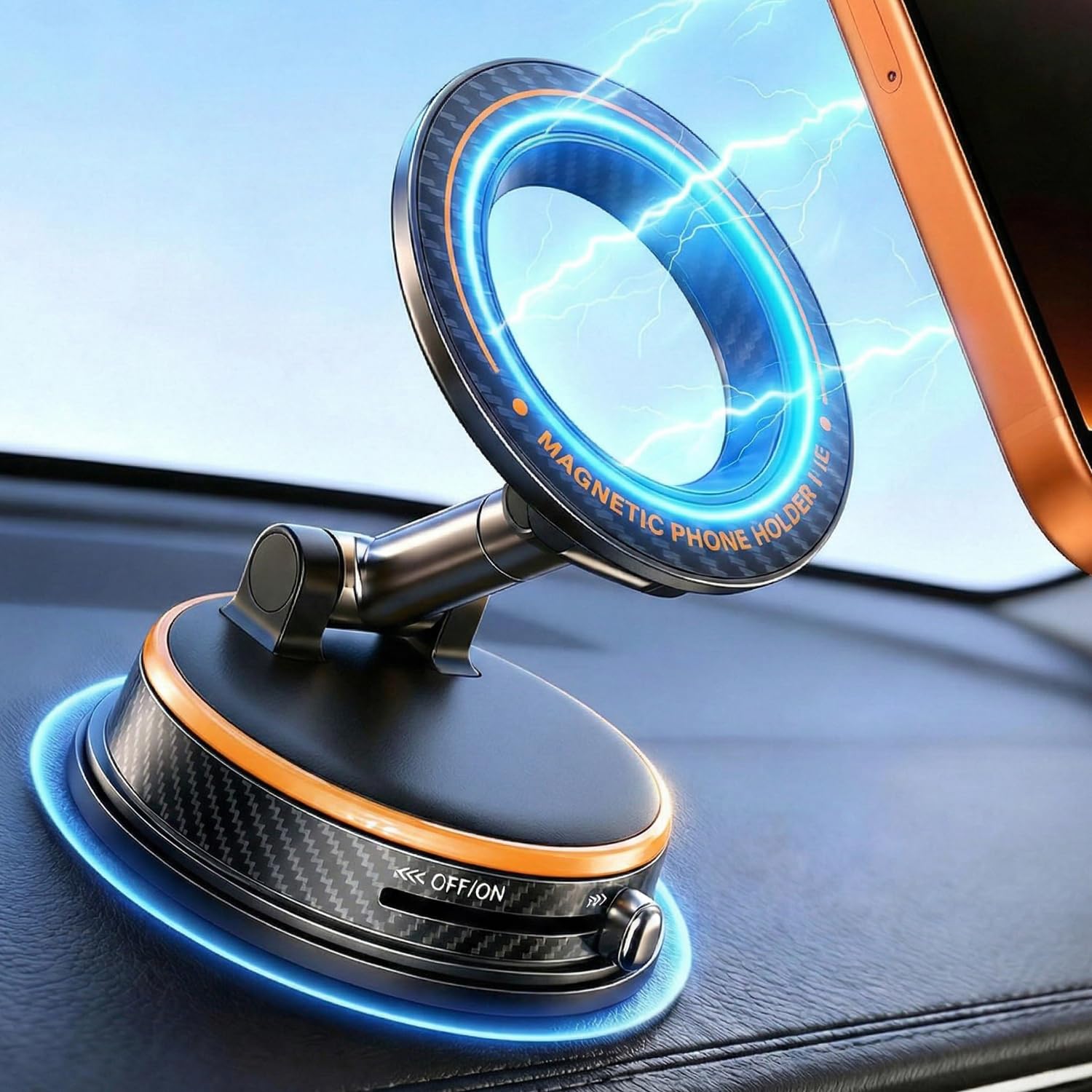 Uprosdik Black Magnetic Phone Holder for Car, Vacuum Suction & 3000gf Magnet, 360° Adjustable Dashboard Mount, Compatible with iPhone & Android — view 9