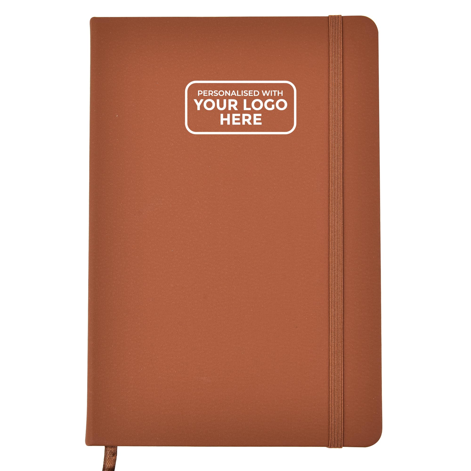 Arpan A5 Personalised Diary with Custom Logo – 136 Pages, Ribbon Marker, Elastic Closure – 80gsm Paper Personalised Notebook A5, Personalised Stationery for Office, School (Brown - Logo)