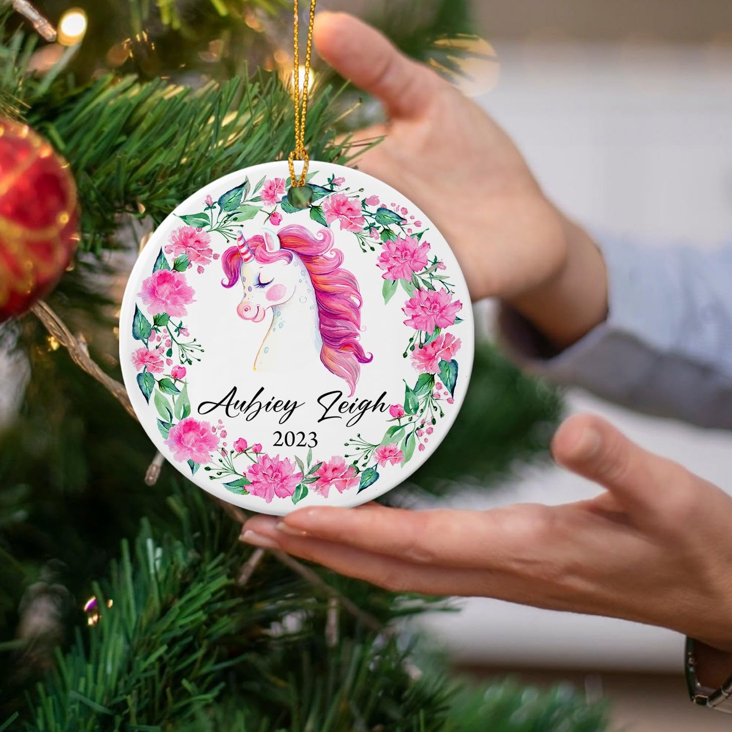 Personalized Unicorn Ceramic Ornaments Custom Name, Unicorn Wreath Ornament, Unicorn Baby's First Christmas Ornament 2025, Customized Unicorn Christmas Ornament Gift for Girl Women Kids Animal Lovers