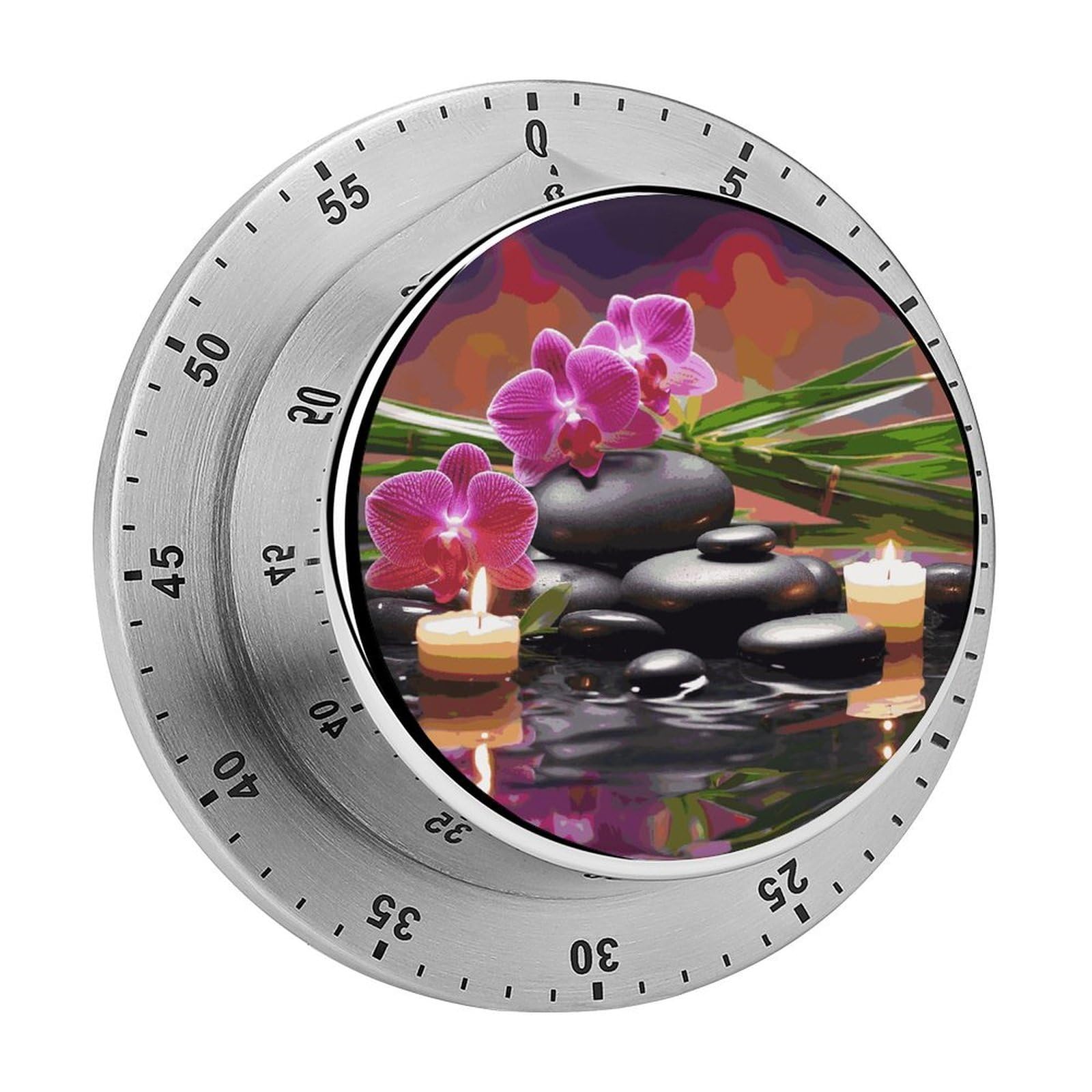 Flowers in Fountain Massage Stones and Bamboo Timer Desk Productivity Teacher Supplies Kitchen Magnetic Countdown Mechanical Timer for Cooking, Egg, Teacher, Exercise, Oven.