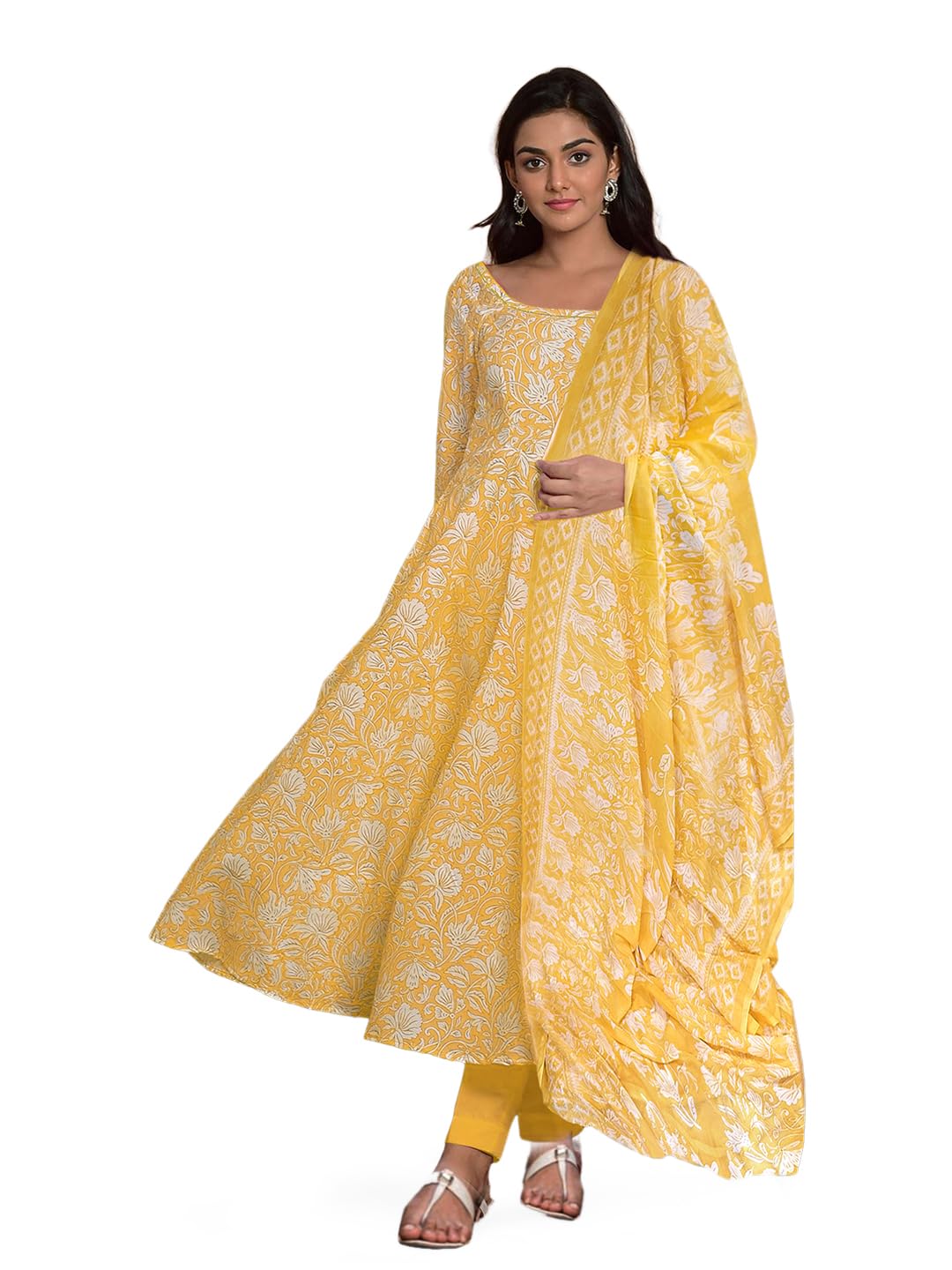 Tee Projekt Women's Cotton Blend Floral Printed Anarkali Kurta Pant With Dupatta Set Ll Round Neck Yellow