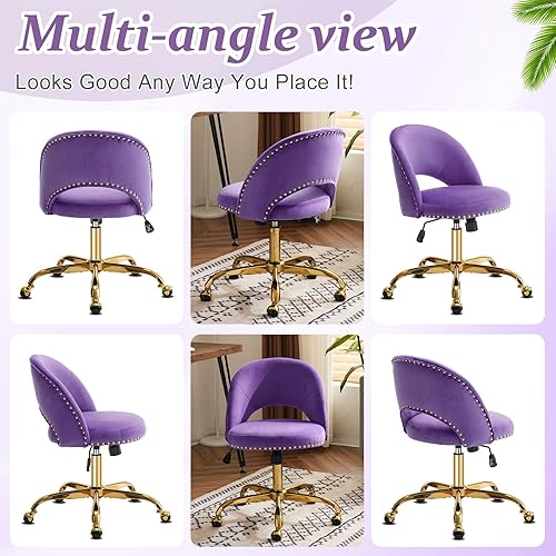 Vista 89 de VINGLI Silla de oficina pequeña de terciopelo moderna, bonita silla de escritorio con ruedas, base dorada/tachuelas, cómoda silla giratoria sin Beige