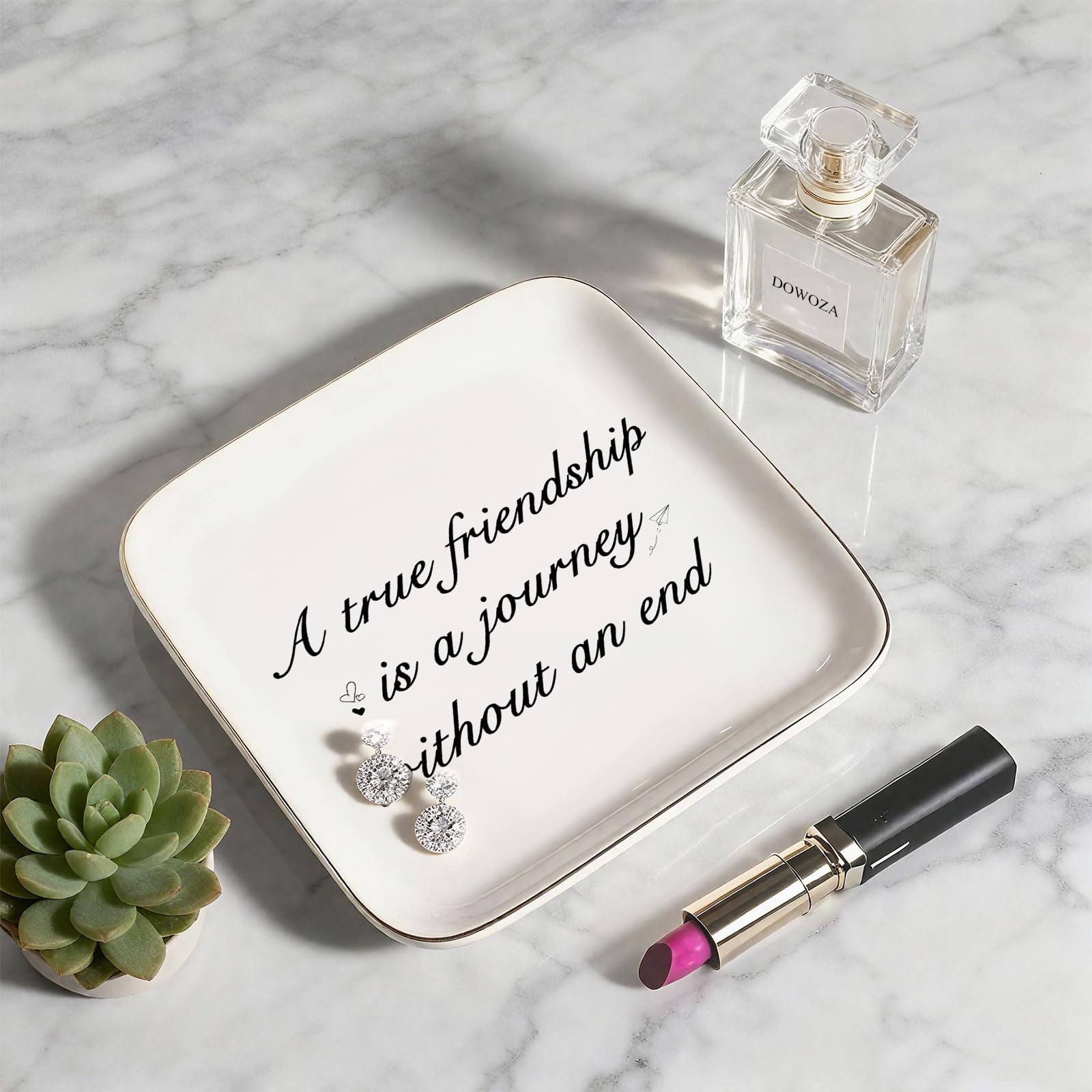Friendship Gifts for Women - A True Friendship is a Journey Without an end Ceramic Trinket Tray Jewelry Dish Birthday Gifts for Female Friends, Unique Gift for Women Birthday Bridal Shower Gifts