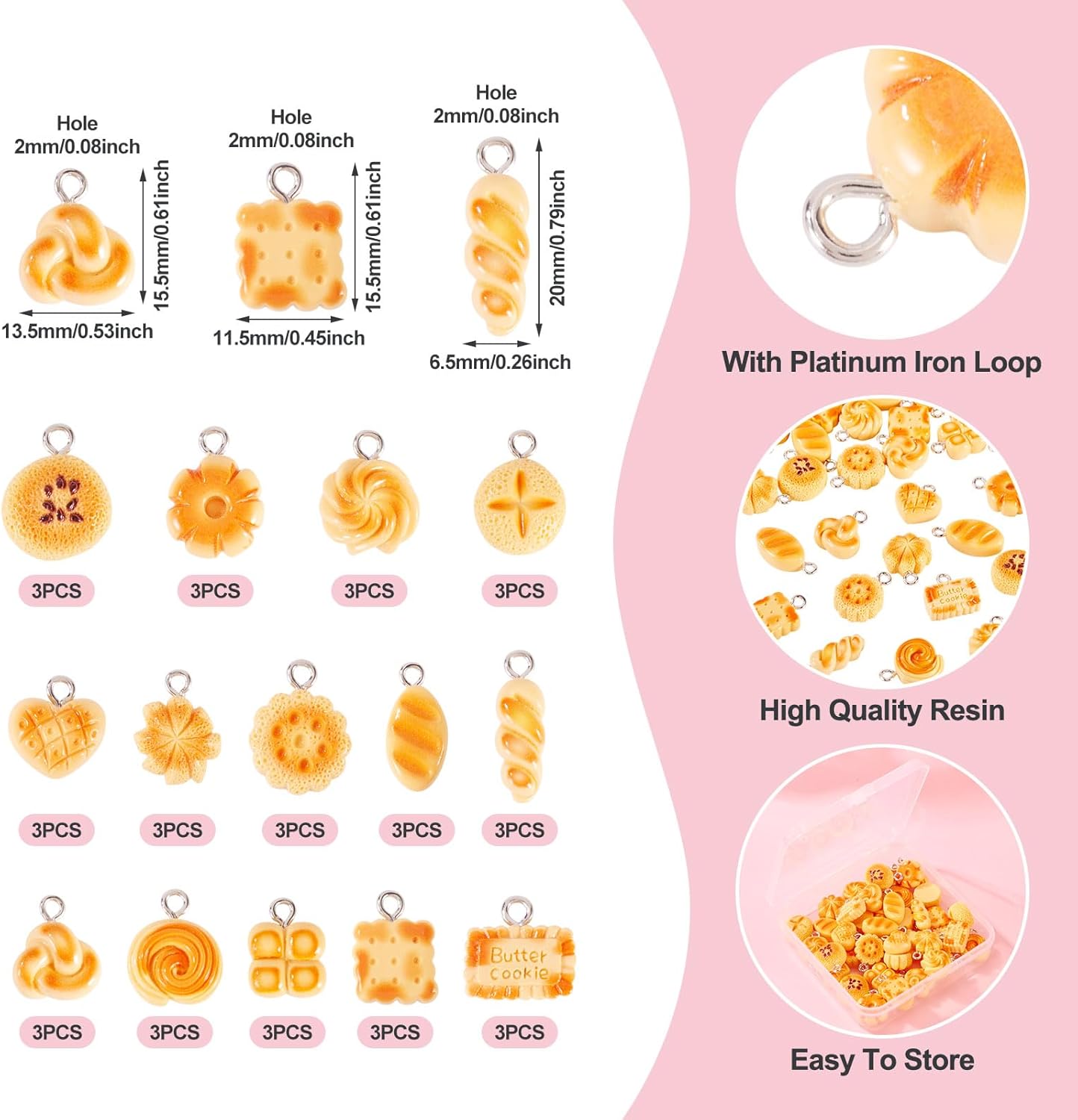 Beadthoven 42Pcs 14 Styles Simulation Bread Charms Mini Cookie Biscuit Resin Pendants Cute Heart Flower Shaped Bread Dangle Charms Tiny Dessert Food Pendants for Jewelry Making DIY Earrings Necklace - Image 3