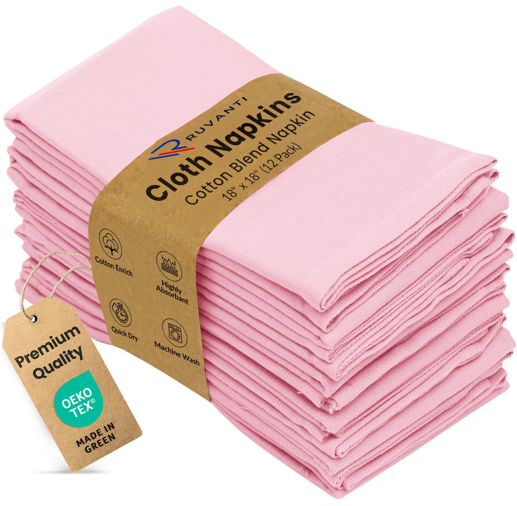 Ruvanti Cloth Napkins Set of 12, Cotton Enrich 18”x18” - Pink