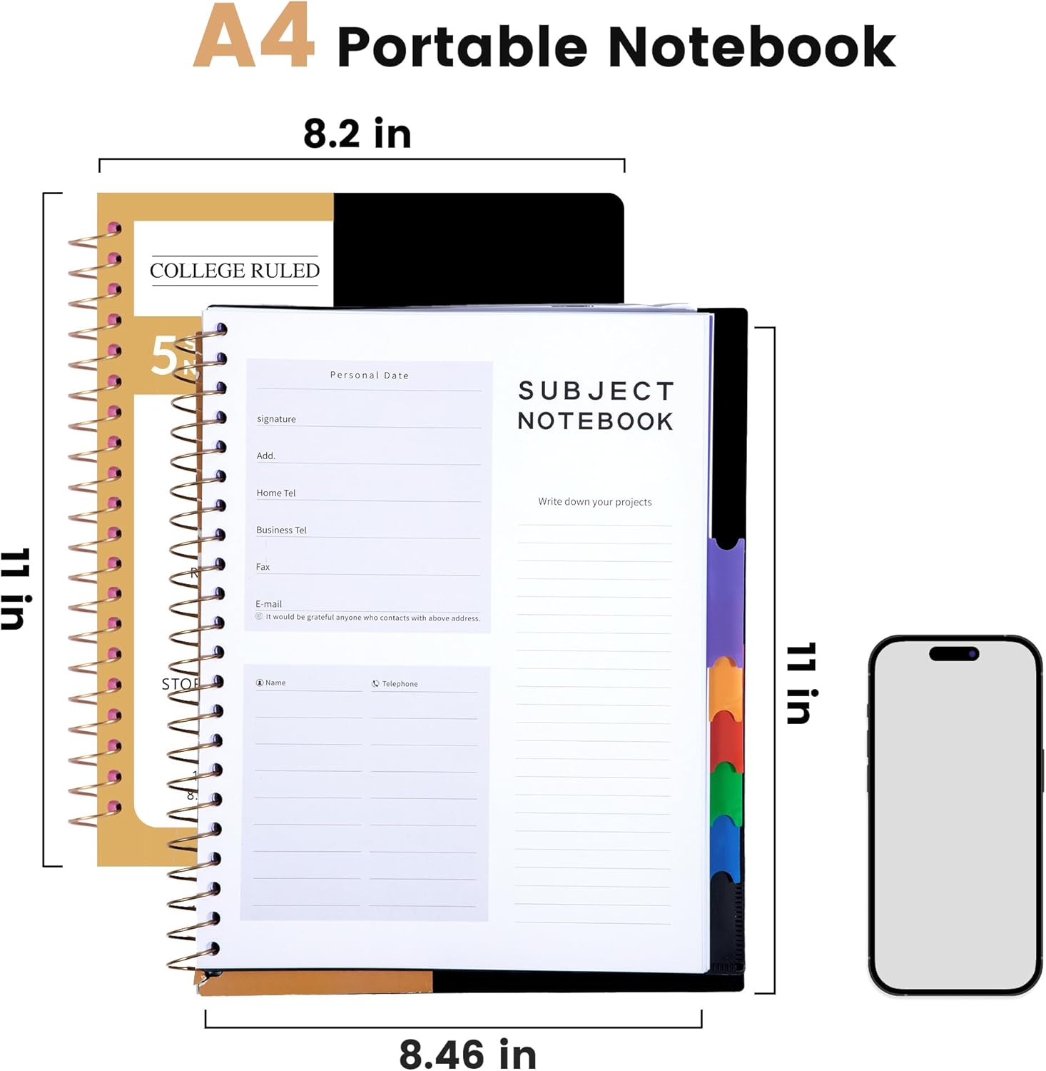 CAGIE Spiral Notebooks for School Work with Removable Dividers Tabs, 8.5” x 11” 5 Subject Notebook College Ruled, Large Lined Journaling Notebook for Women Men Writing, Black