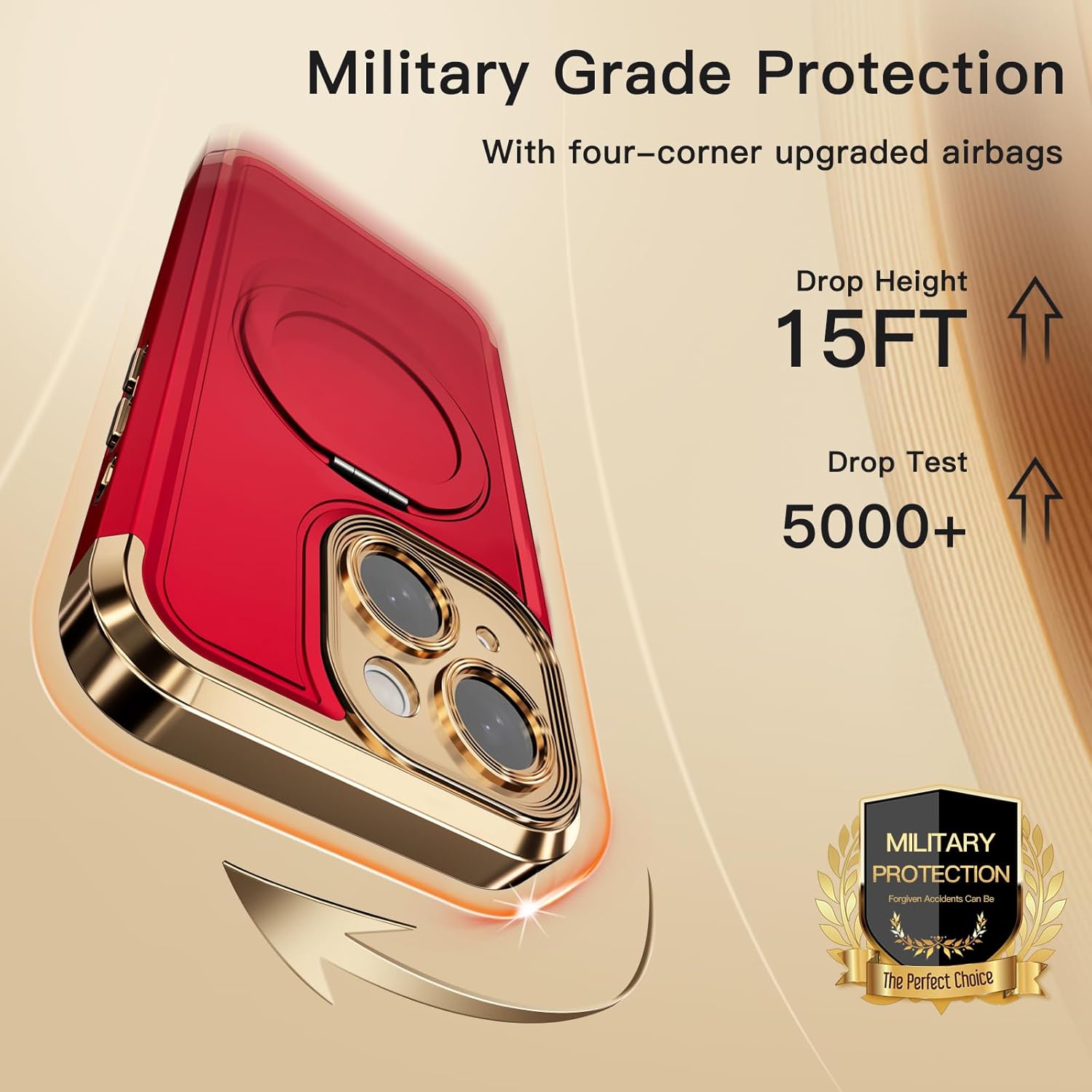 COOLQO for iPhone 14 Case 6.1'' Upgraded 360° Spin Magnetic Stand [Compatible with Magsafe][Military Grade Drop Protection] Shockproof Protective Phone Holder Cover for iPhone 14, Red Gold
