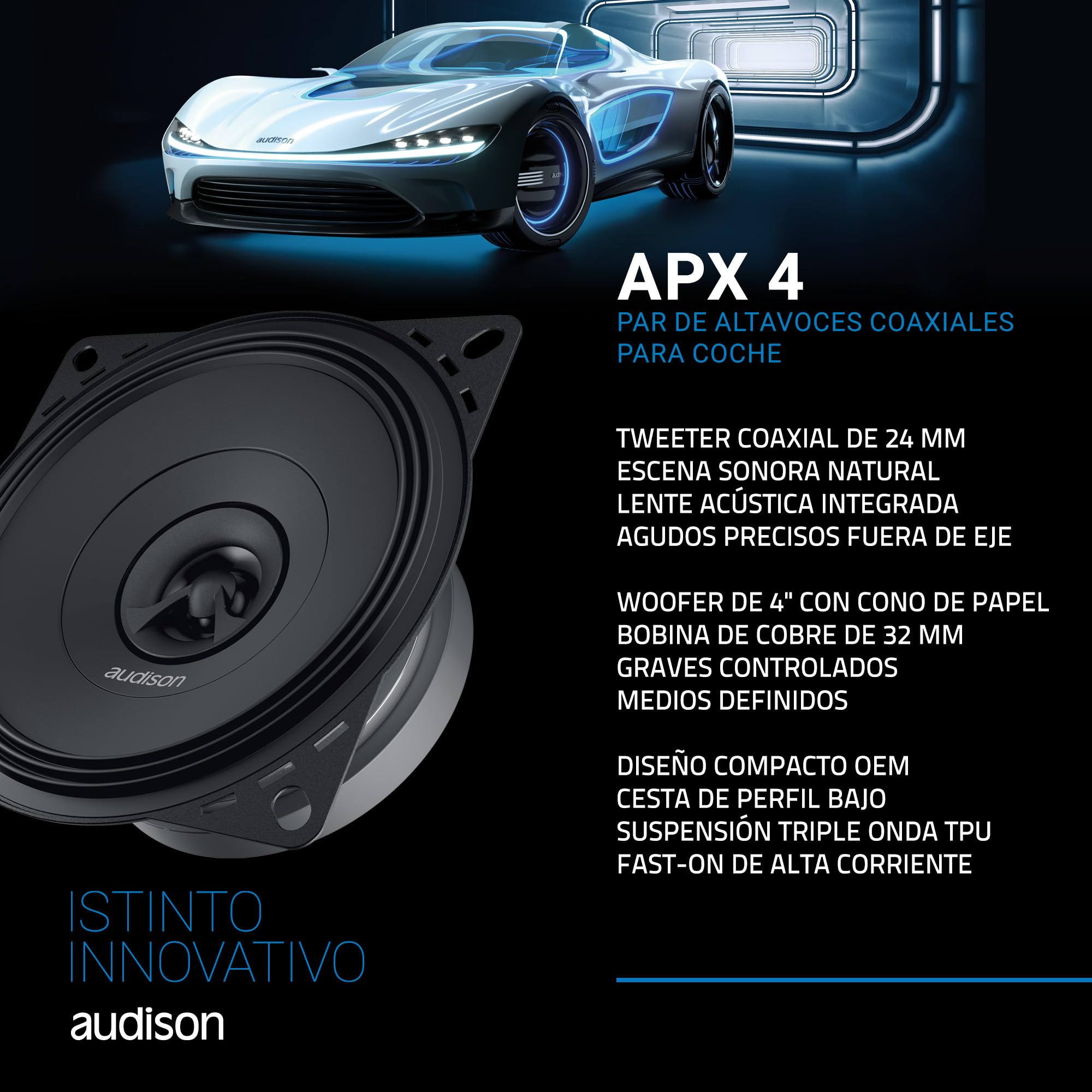 Audison APX 4 – Altavoz coaxial de 2 vías de 100 mm con Tweeter concéntrico de neodimio y Cono de Polipropileno, 70 W máx