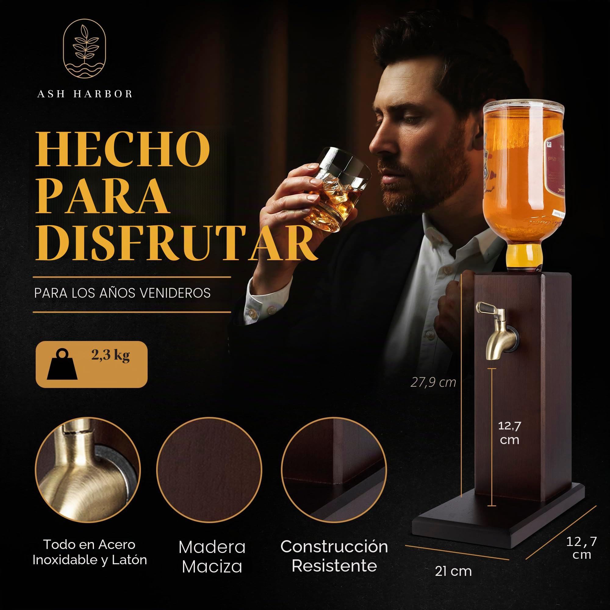 Dispensador de licor de encimera para bar casero, dispensador de whisky de madera con válvula metálica, decantador de bourbon y whisky
