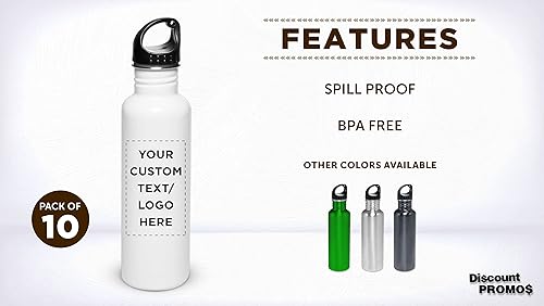 Miniatura 2 de DISCOUNT PROMOS Botellas de agua personalizadas de acero inoxidable de 26 onzas, juego de 10, paquete a granel personalizado, reutilizables, a