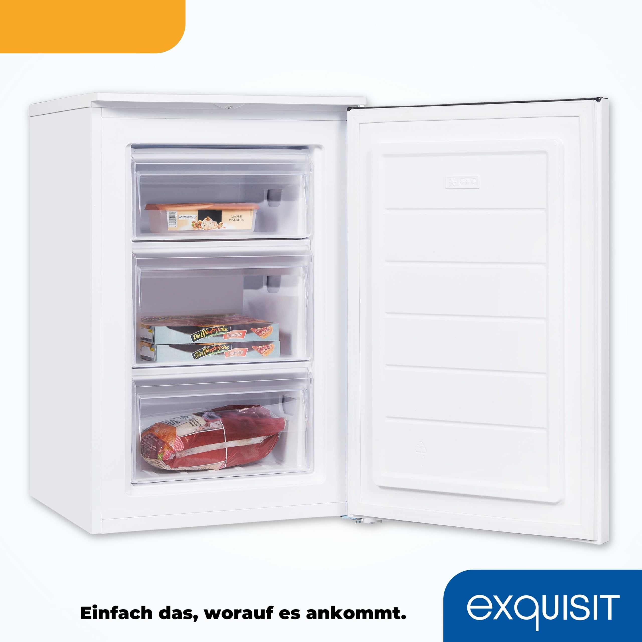 Exquisit GS81-040D Gefrierschrank - Standgerät mit 87 l Nutzinhalt | Weißer Tiefkühlschrank in Energieeffizienz E mit 3 transparenten Gefrierschubladen und wechselbarem Türanschlag