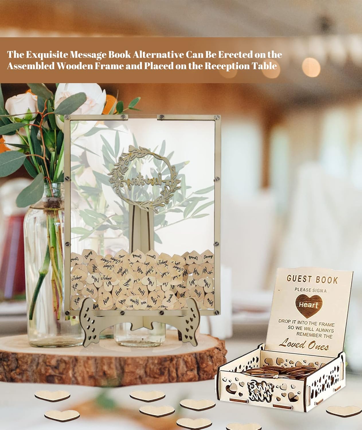 Heart Wedding Guest Book Alternative, Rustic Wooden Wedding Souvenirs Wedding Guest Book with Stand 100 Wooden Hearts for Baby Shower Wedding (Square)