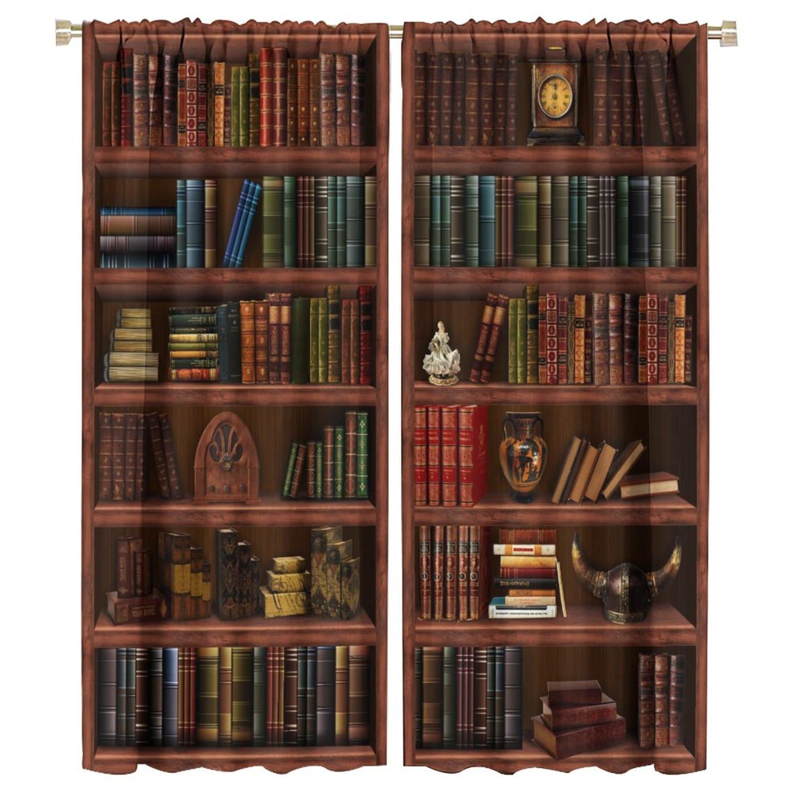 LOMADIA Bookshelf Blackout Curtains, Retro Books Library Wooden Bookcase Pattern Home Decor Window Rod Pocket Thermal Insulated Curtain for Bedroom