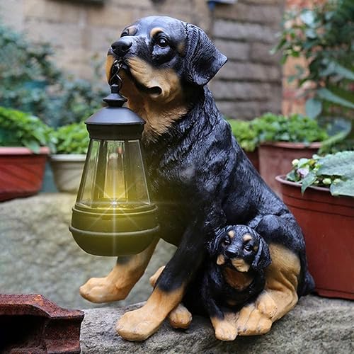 Lámpara de decoración para perro, 2 estatuas de perro, decoración de perro Rottweiler para mamá y cachorro, luces solares de jardín al aire libre,