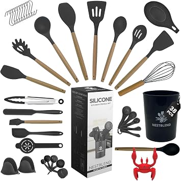 Nonstick Black Wooden Kitchen Utensils Set - 38 Pieces Kitchen Utensil Set - Kitchen Gadgets Cookware Set - Cooking Utensils Silicone Kitchen Set - Utensils Set with Holder Heat Resistant.