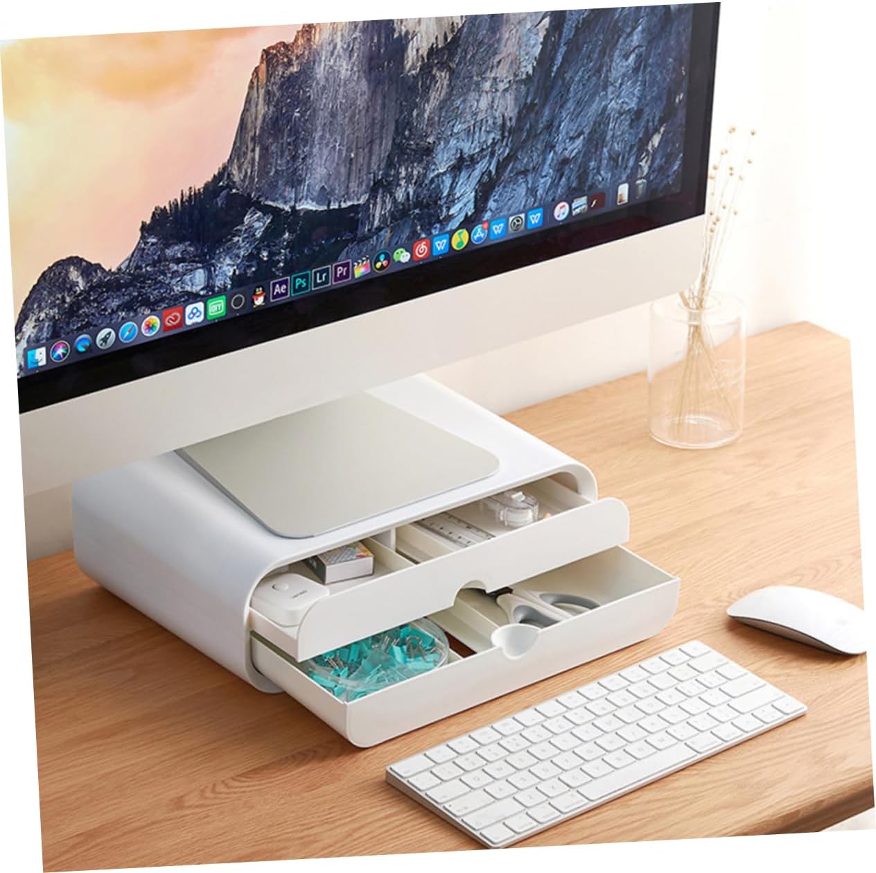TEHAUX Multifunctional Desktop Organizer Monitor Stand White Storage Rack for Computer and Cable Management for Home Office and Entertainment Centers