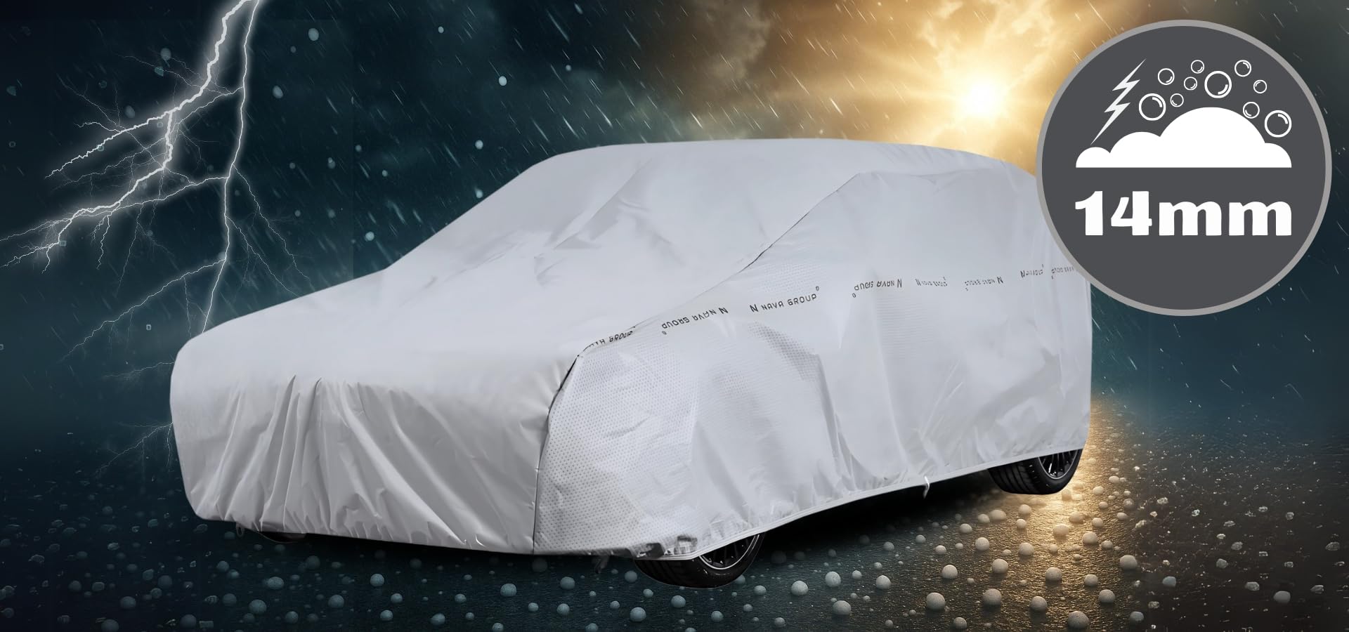 NAVA Groupe | Couverture de grêle | Bâche de grêle | Protection de carrosserie | Protection Contre la grêle | Toute l'année | Épaisseur : 14 mm 405-430 cm Compacte