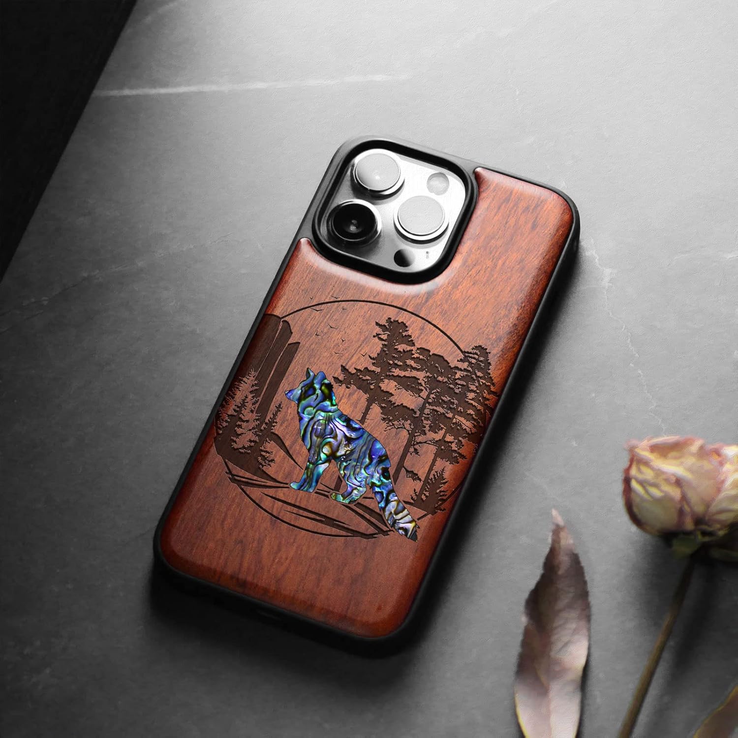 Carveit Designer Wooden Protective Case for iPhone 13 Pro Magnetic Cover [Wood Engraving & Shell Inlay] Compatible with 13 Pro MagSafe (Fox and Woods-Rosy)
