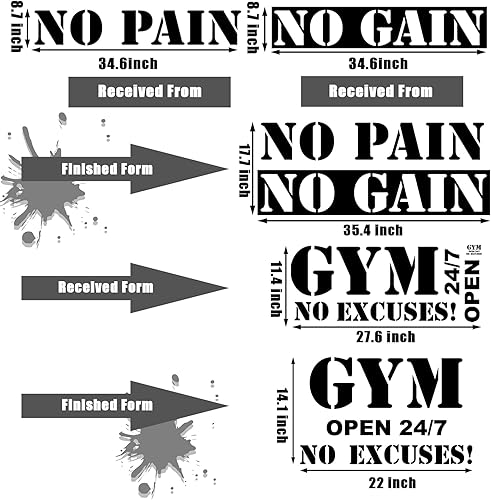 Miniatura 4 de 2 hojas de calcomanías de pared para gimnasio, sin dolor, sin ganancia, para gimnasio, abierto 24/7, etiqueta de motivación, cita inspiradora, gran