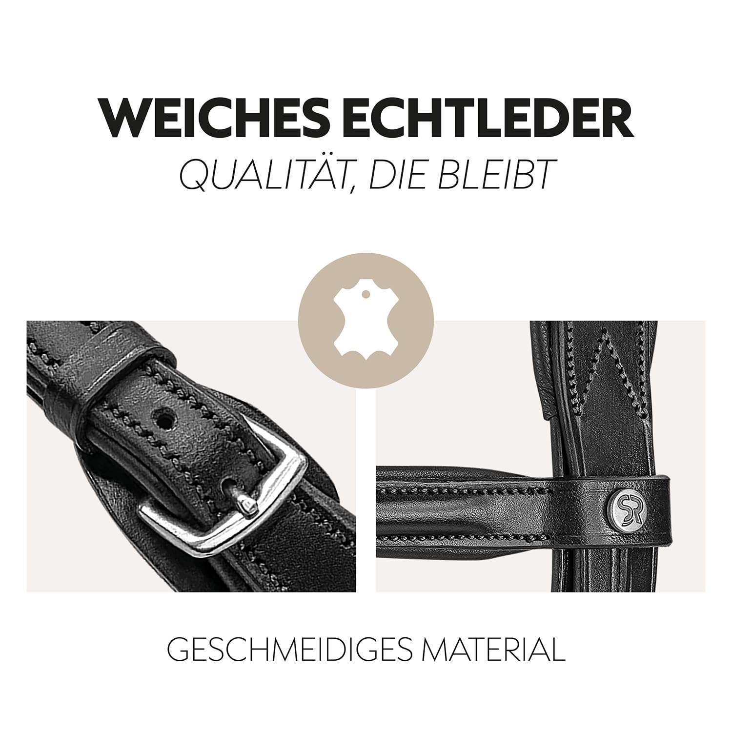 SUNRIDE Brida hannoveriana (Hannover) con riendas de Cuero Genuino Montar de Forma Relajada (COB, Negro)