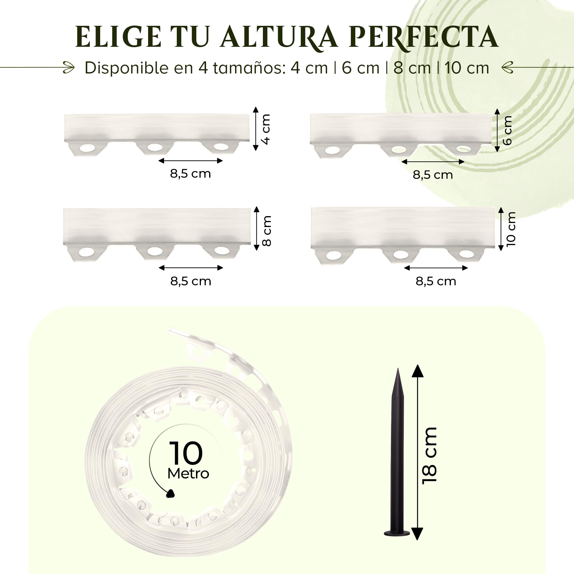 Borde Flexible para césped (10 m, 40 Anclajes de Tierra, 6 cm de Altura), plástico Blanco, Resistente a la Intemperie, Borde Redondo, bordillo Redondo para césped, remate de Corte