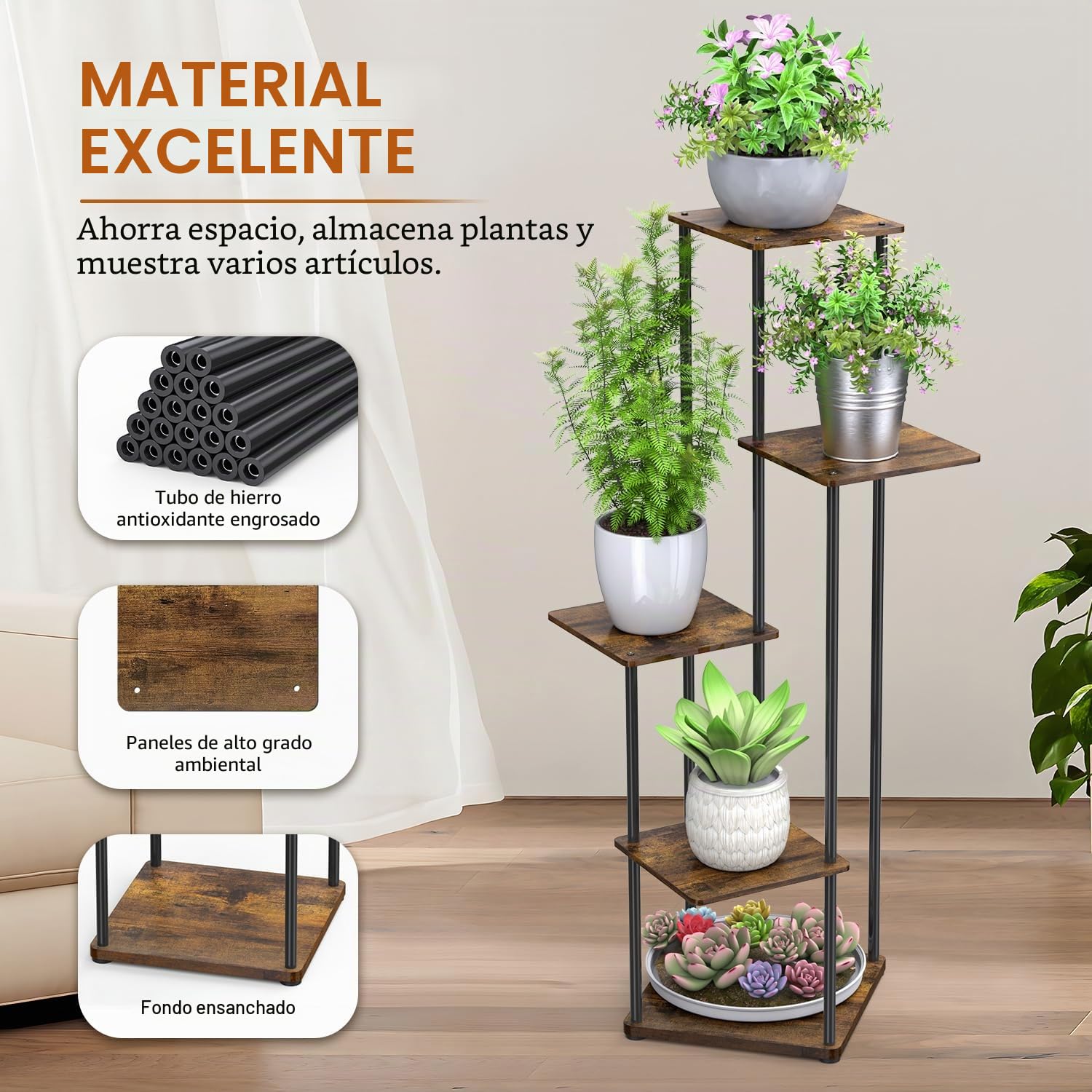 Estantería Plantas Interior, Soporte Macetas de Metal, Soporte Plantas de 5 Niveles para Múltiples Plantas, Patio, Jardín, Sala de Estar, Esquinero, Decoración Hogar Plant Tier Stand (Marrón)