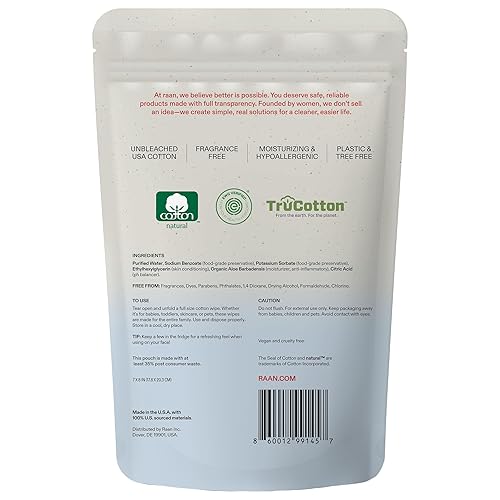 Miniatura 8 de Raan, 100% algodón, 99% agua purificada, toallitas limpiadoras faciales y corporales, sin fragancia, sin blanquear, hipoalergénicas, verificadas por