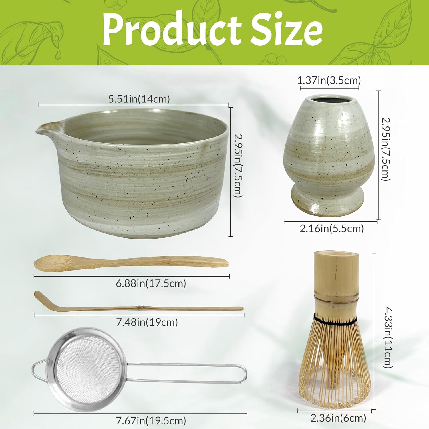 Matcha Whisk Set 6 pc Kit - Traditional Japanese Chasen, Bamboo Whisk Holder, Ceramic Bowl with Spout, Sifter & 2 pc Spoons - matcha kit set, Gift for Matcha Tea Lovers(Gray)