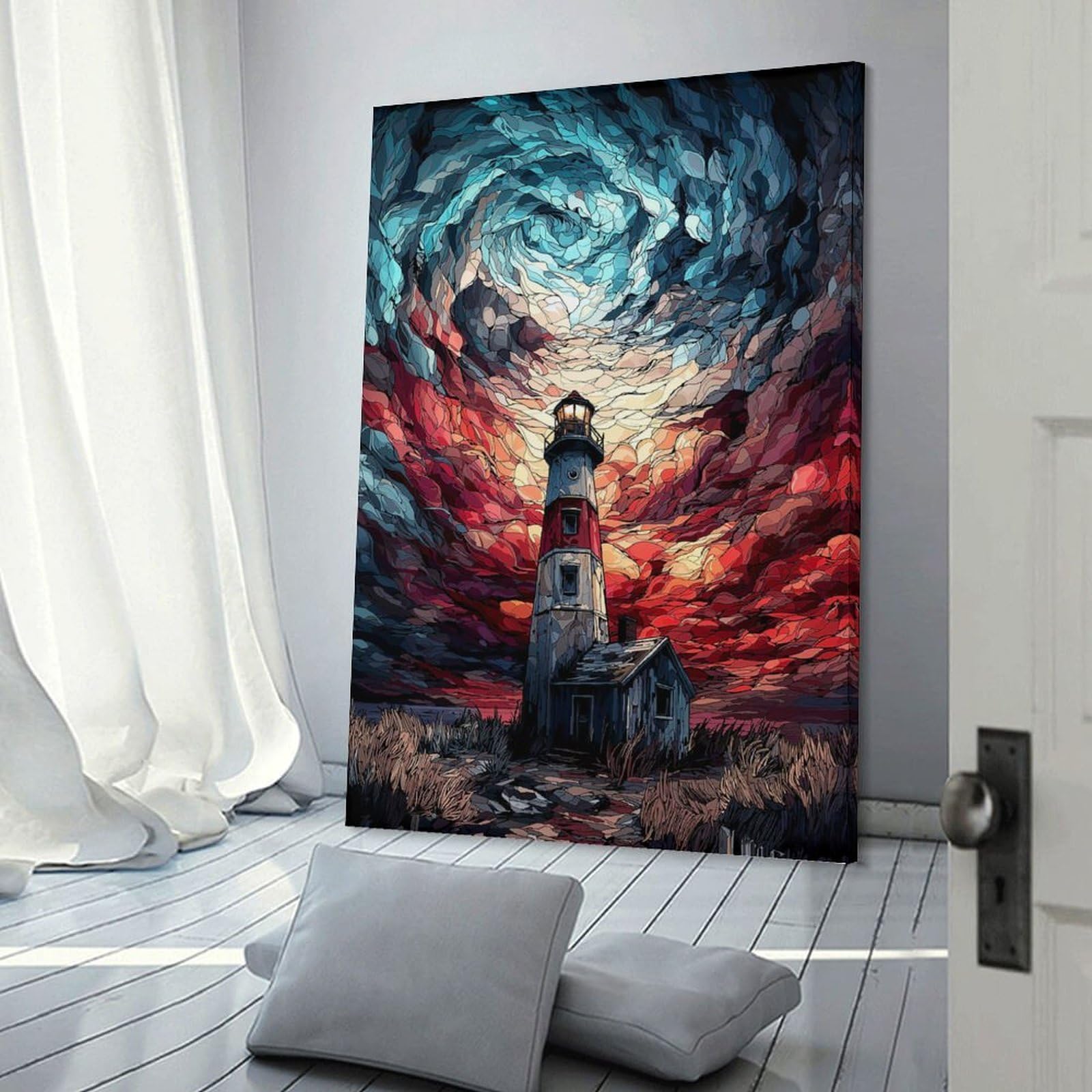 Junmoney Lighthouse Under Swirling Sky Decorative Wall Artwork 20x30inch(50x75cm), for Front Hall, Corridor Or Welcome Spaces, Decorative Wall Art for Narrow Spaces