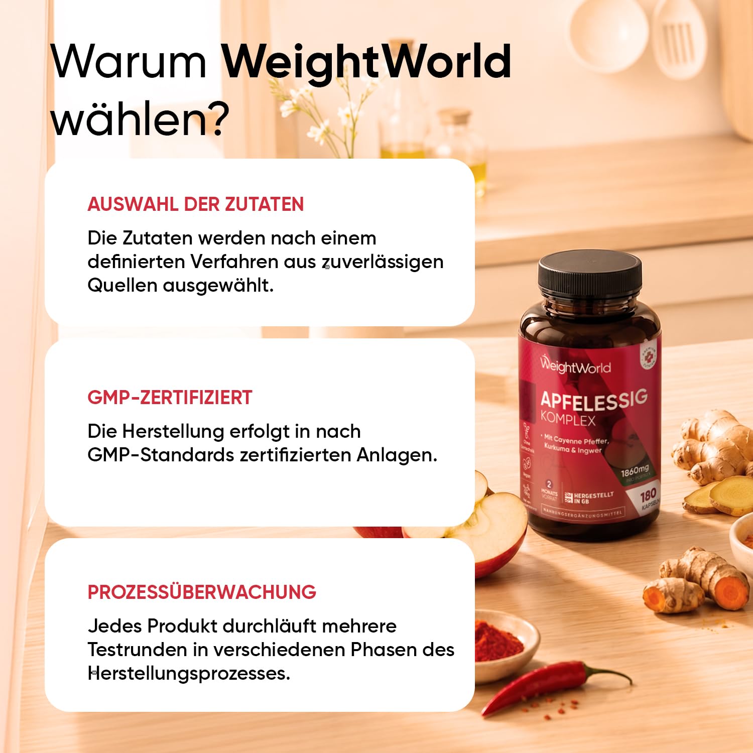 WeightWorld Apfelessig Komplex - 1860mg pro Portion - Aus Muttersaft | 2 Mrd. KBE Bakterienstämme, 180 Kapseln, 2 Monate, Apple Cider, Kurkuma, Ingwer, Cayennepfeffer, Lactobacillus Gasseri
