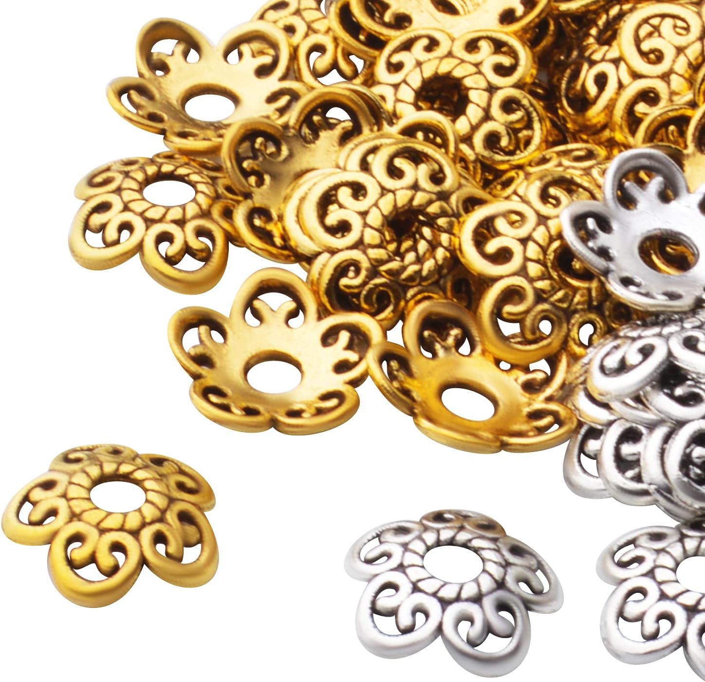 BronaGrand 200pcs 12mm Flower Beads Tibetan Alloy Spacer Bead Cap Jewelry Flower Caps Loose Bead for DIY Jewelry Bracelet Making,Antique Gold and Antique Silver - Image 4