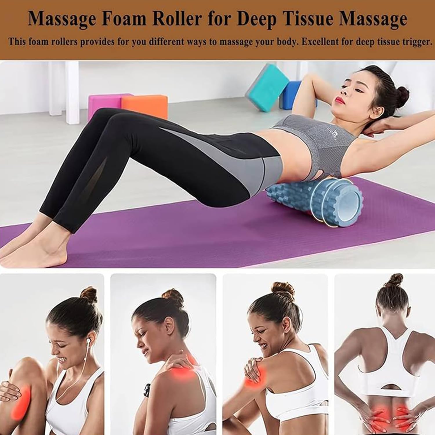 Senken Rouleau de fascia pour la colonne vertébrale (30 * 10 cm), rouleau en mousse avec texture de massage 3D, rouleau en mousse dur pour l'auto-massage, soulagement des tensions musculaires, rouleau