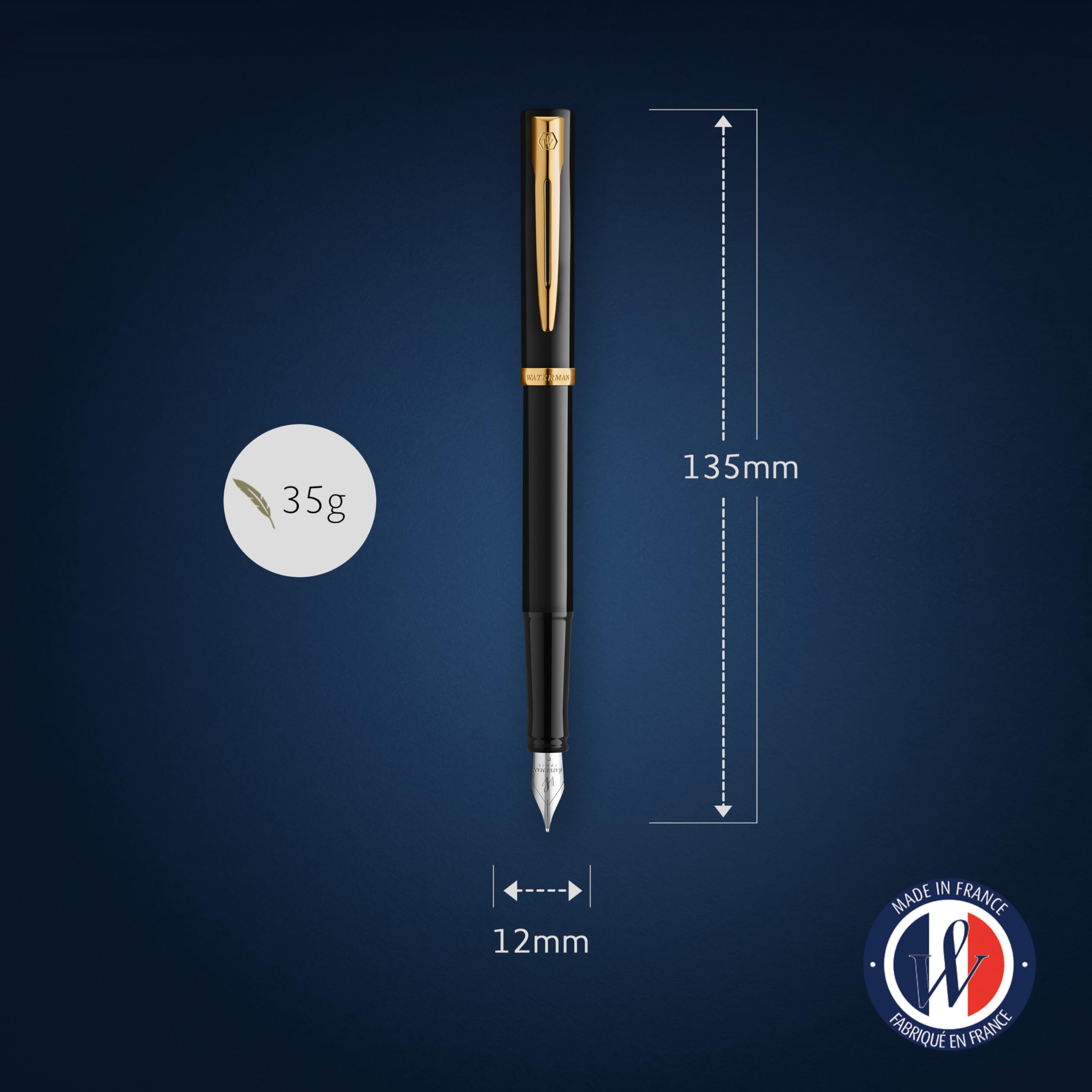 Waterman Impression Fountain Pen | Black with Gold Trim | Medium Nib | Blue Ink | Gift Box - Image 3