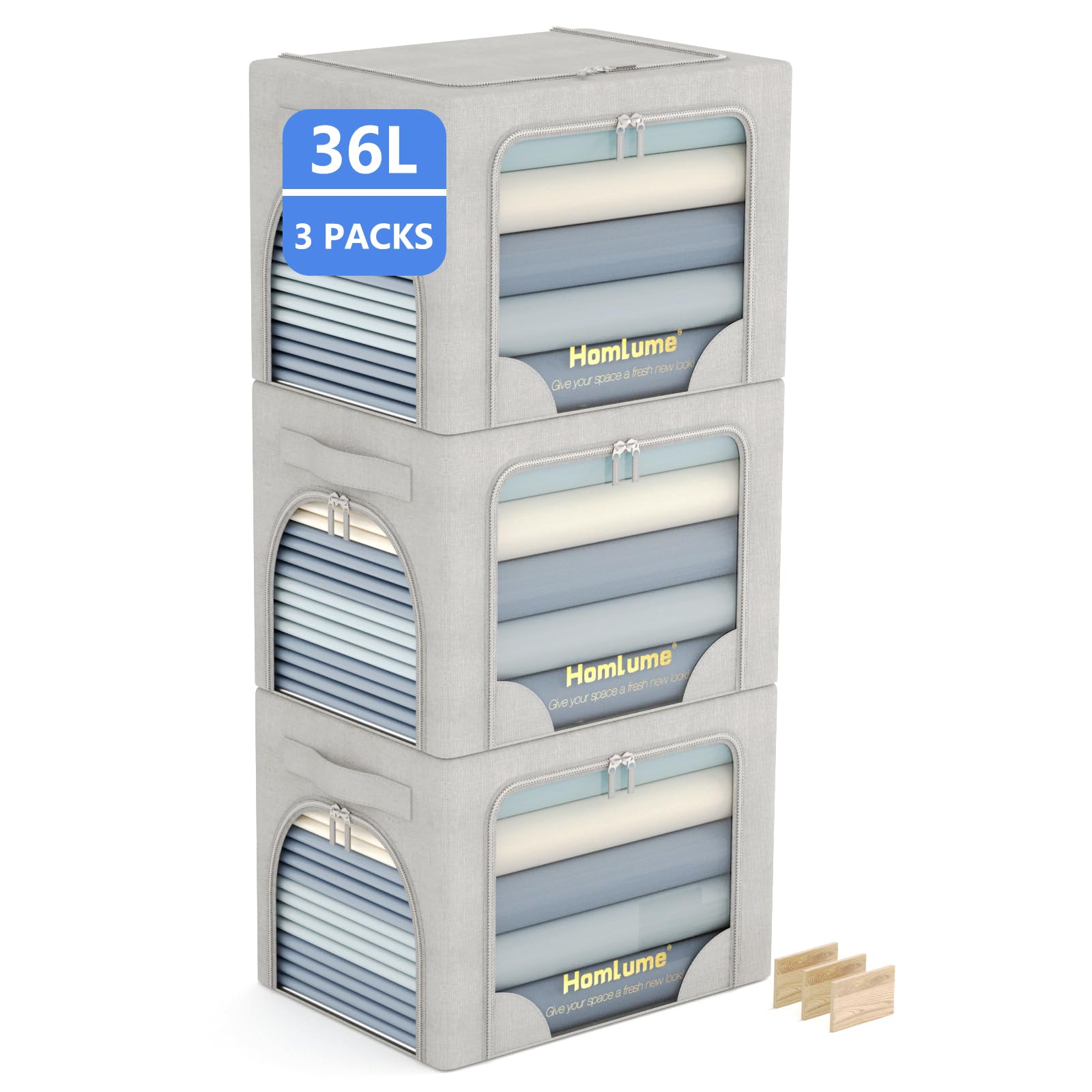 Homlume 3 Packs Storage Boxes for Clothes Collapsible Storage Bins with Cedar Wood Piece, Linen with Metal Supports and Durable Handles Metal Storage box,Clear Window with Zippers (Light Grey,36L)