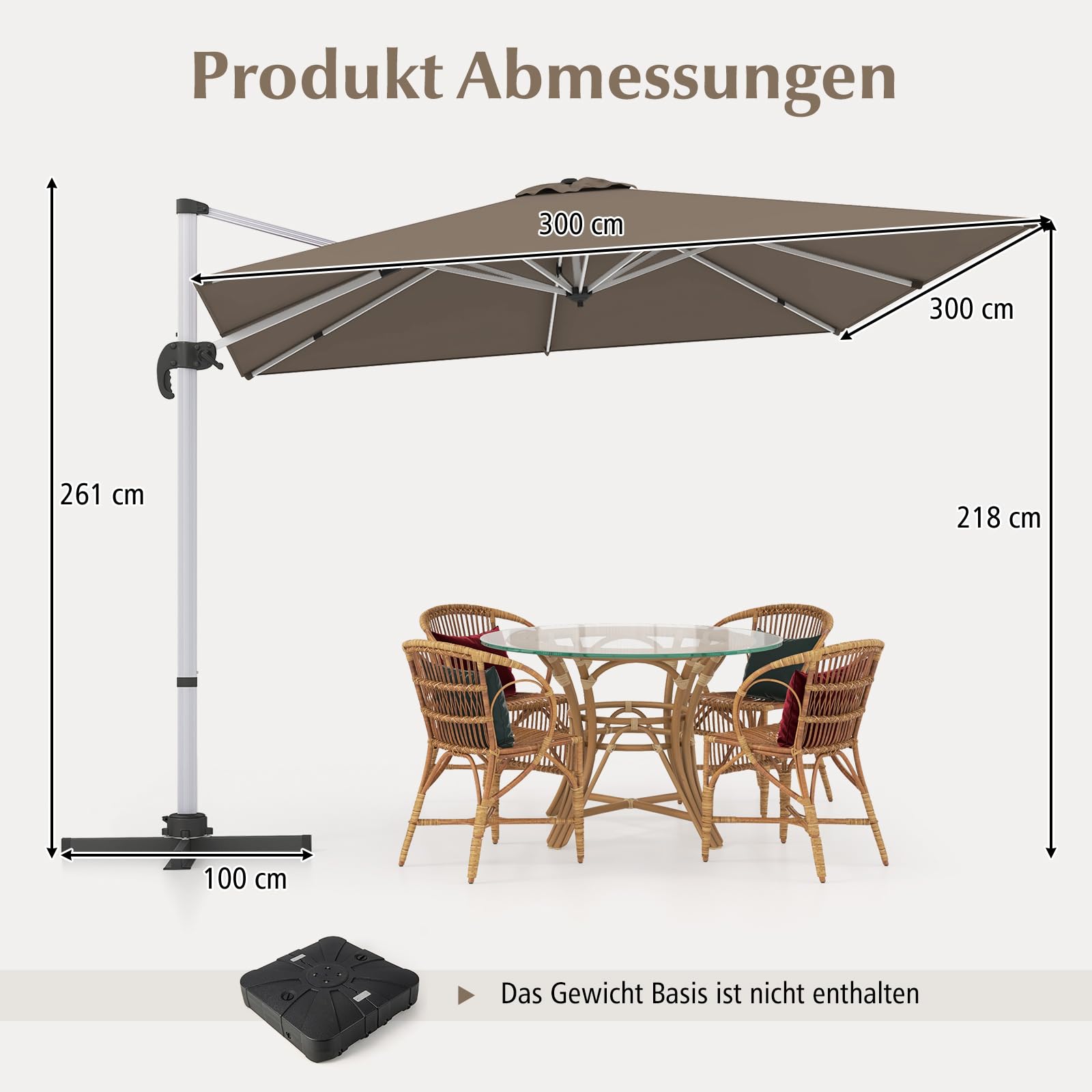 COSTWAY Parasol przeciwsłoneczny, prostokątny, 300 x 300 cm, duży parasol przeciwsłoneczny z korbą, parasol ogrodowy, odchylany, obracany o 360°, parasol tarasowy, do ogrodu, na taras, balkon
