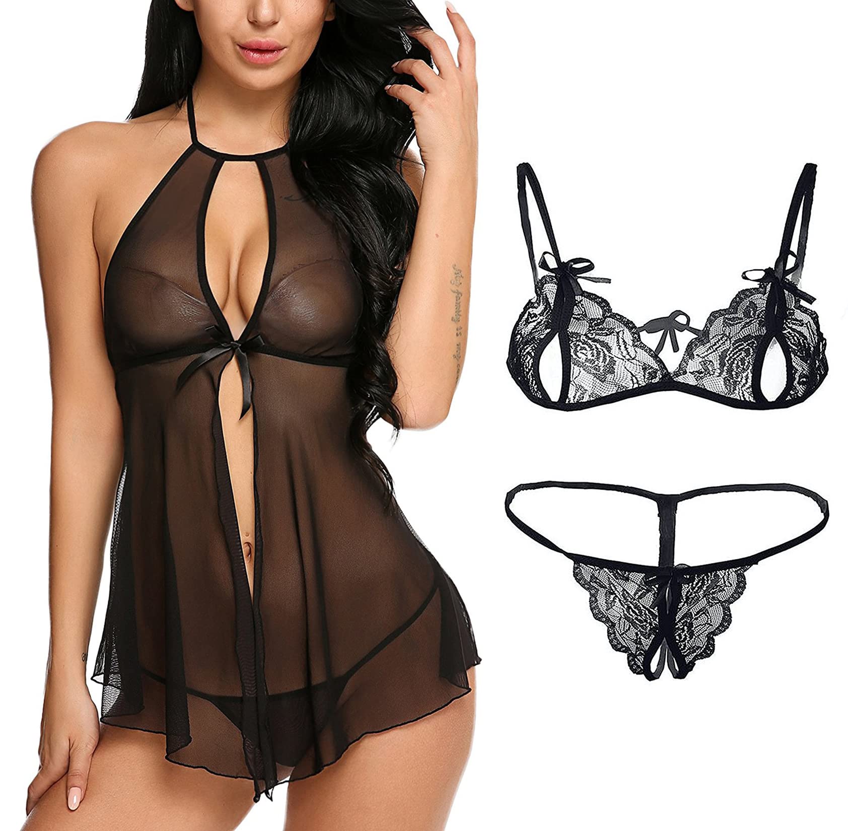 Women Open Front Babydoll Nightwear with Lace Bra Panty Lingerie Set Combo-image-12