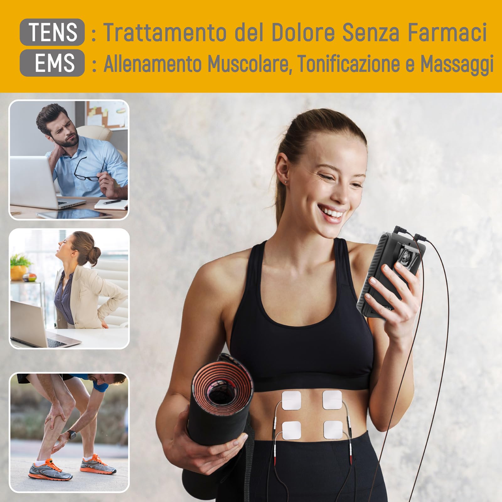 iStim EV-805 TENS EMS 4 Canali – Stimolatore Muscolare e Nervoso, Sollievo Dolore Cronico e Acuto, Terapia per Schiena, Cervicale, Articolazioni, Sciatica e Corpo – Include 16 Elettrodi Riutilizzabili