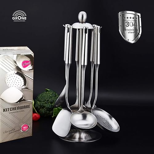 Miniatura 6 de Juego de utensilios de cocina  6 piezas de acero inoxidable utensilios de cocina con soporte giratorio organizador incluye cuchara ranurada espátula