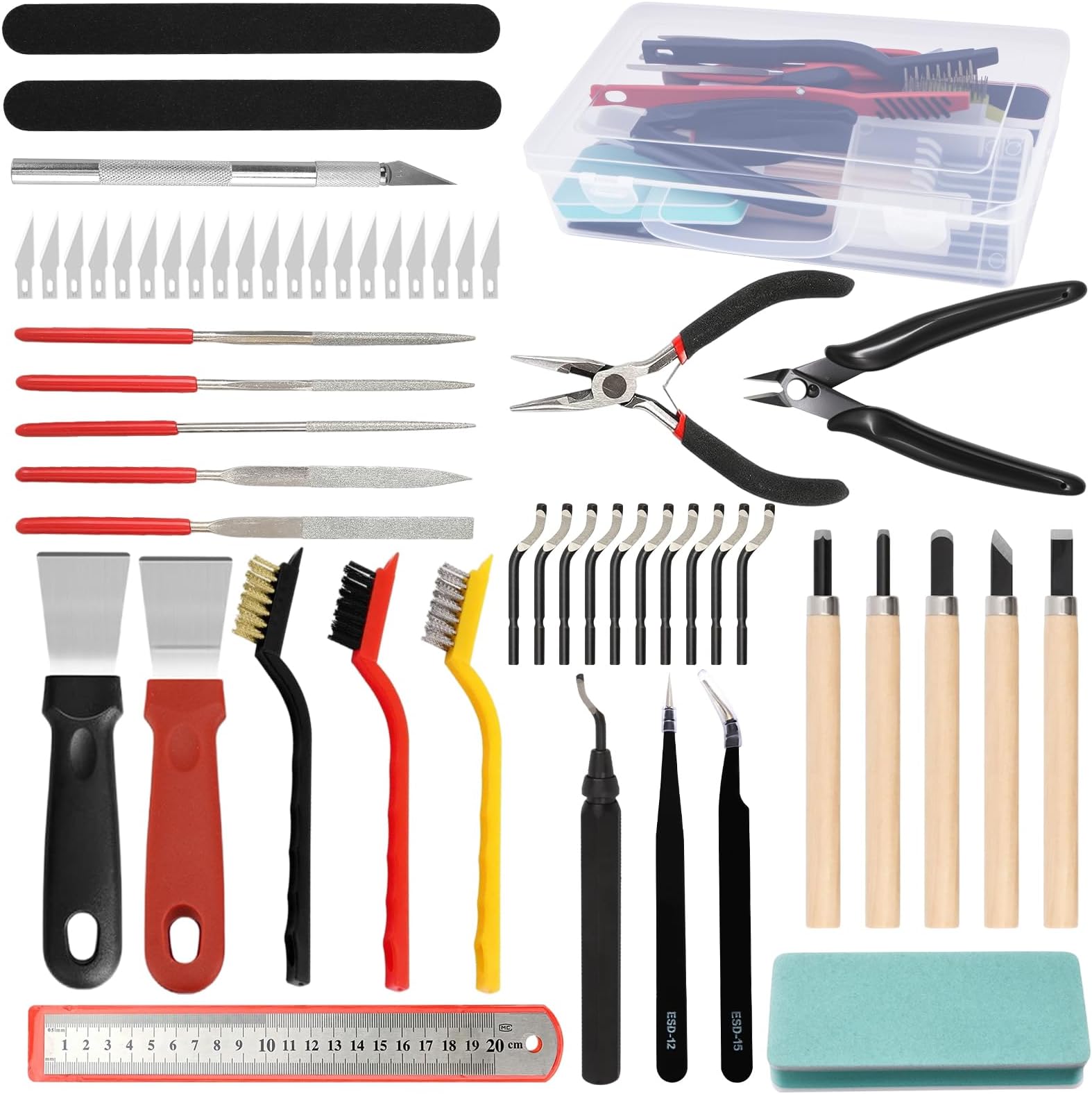 56-Piece 3D Printing Tool Set, Deburring Set for Removal, Cleaning and Finishing Including Deburring and Cleaning Tools, Carving Knife, File and Needle-Nose Pliers, 3D Printer Accessories for Model
