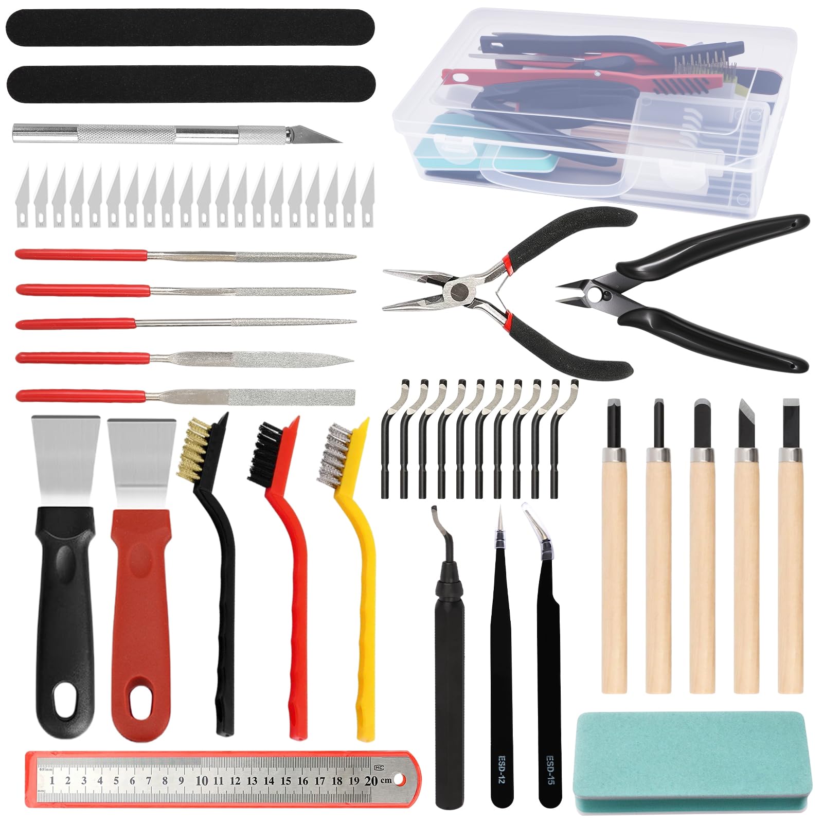 56 Stück 3D Drucker Zubehör, Entgrater 3D Druck Kit zum Entfernen Reinigen und Fertigstellen inkl Entgratungs und Reinigungswerkzeuge Tranchiermesser Feile und Spitzzange für Modellbau