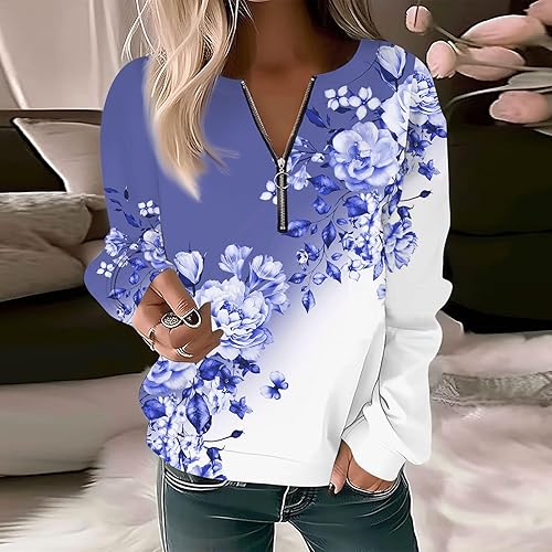 Miniatura 2 de Sweatshirt for Women Pullover Basic Quarter Zipper Long Sleeve Print Flowers Hoodie Casual Top