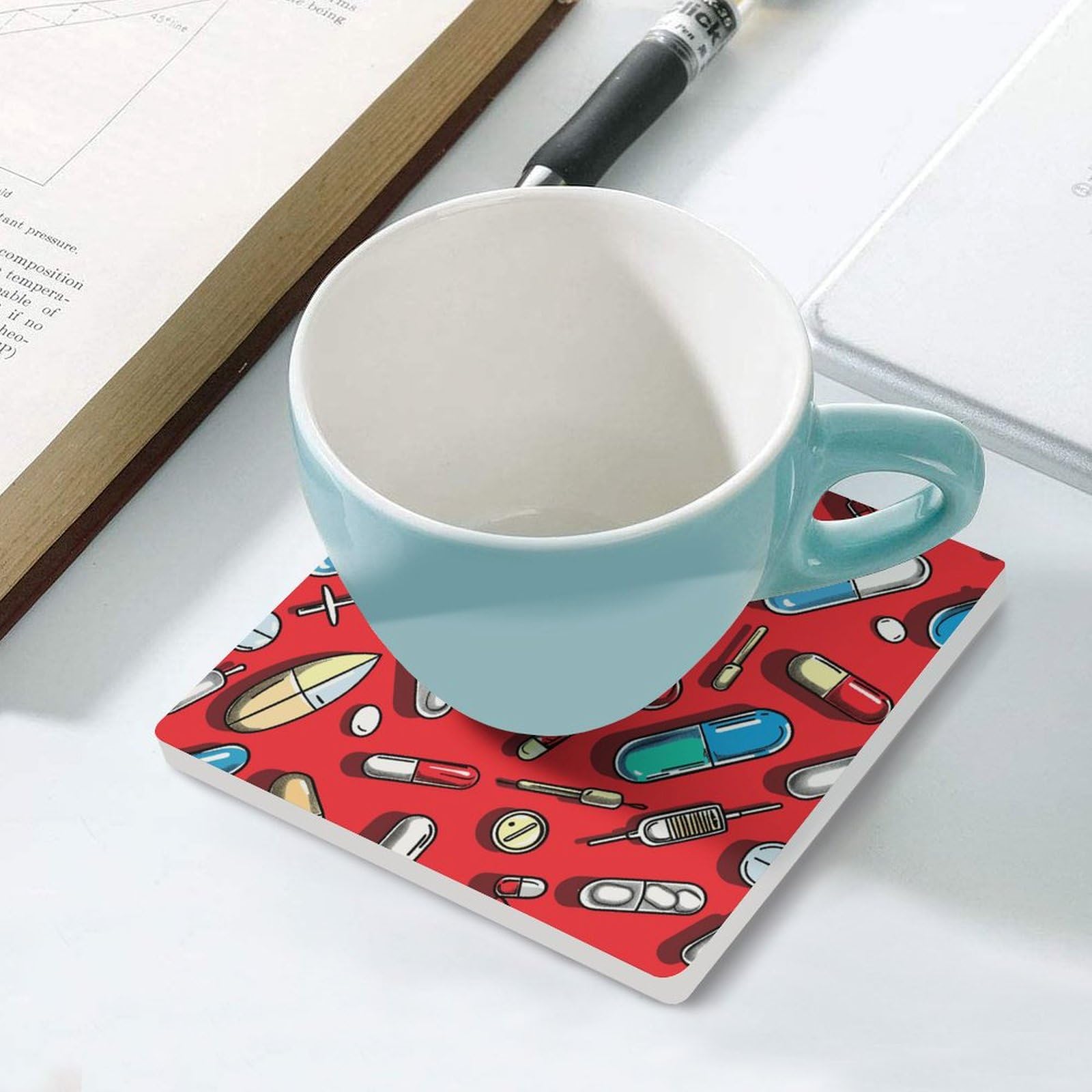 4 posavasos cuadrados de cerámica para bebidas, patrón de píldoras rojas, posavasos impresos para el hogar y el café, regalos de cumpleaños, adecuados para tipos de tazas