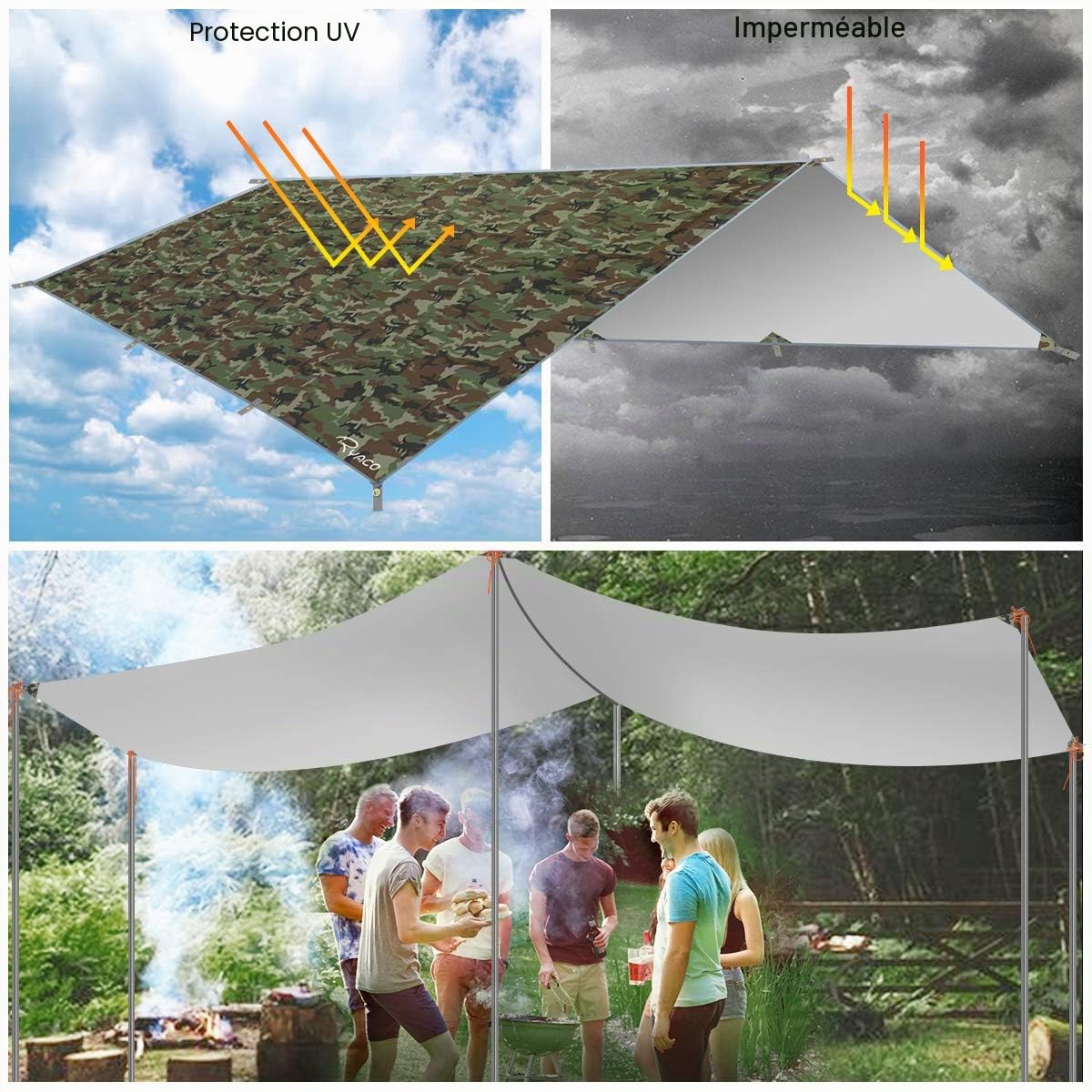 RYACO Bâche Anti-Pluie,3M x 4M Camping Bâche Rain Tarp Toile de Tente Imperméable Abri de Randonnée Pliable Portable Grande Taille avec Zippées et Poche en Filet pour Bouteille d'eau pour Picnic