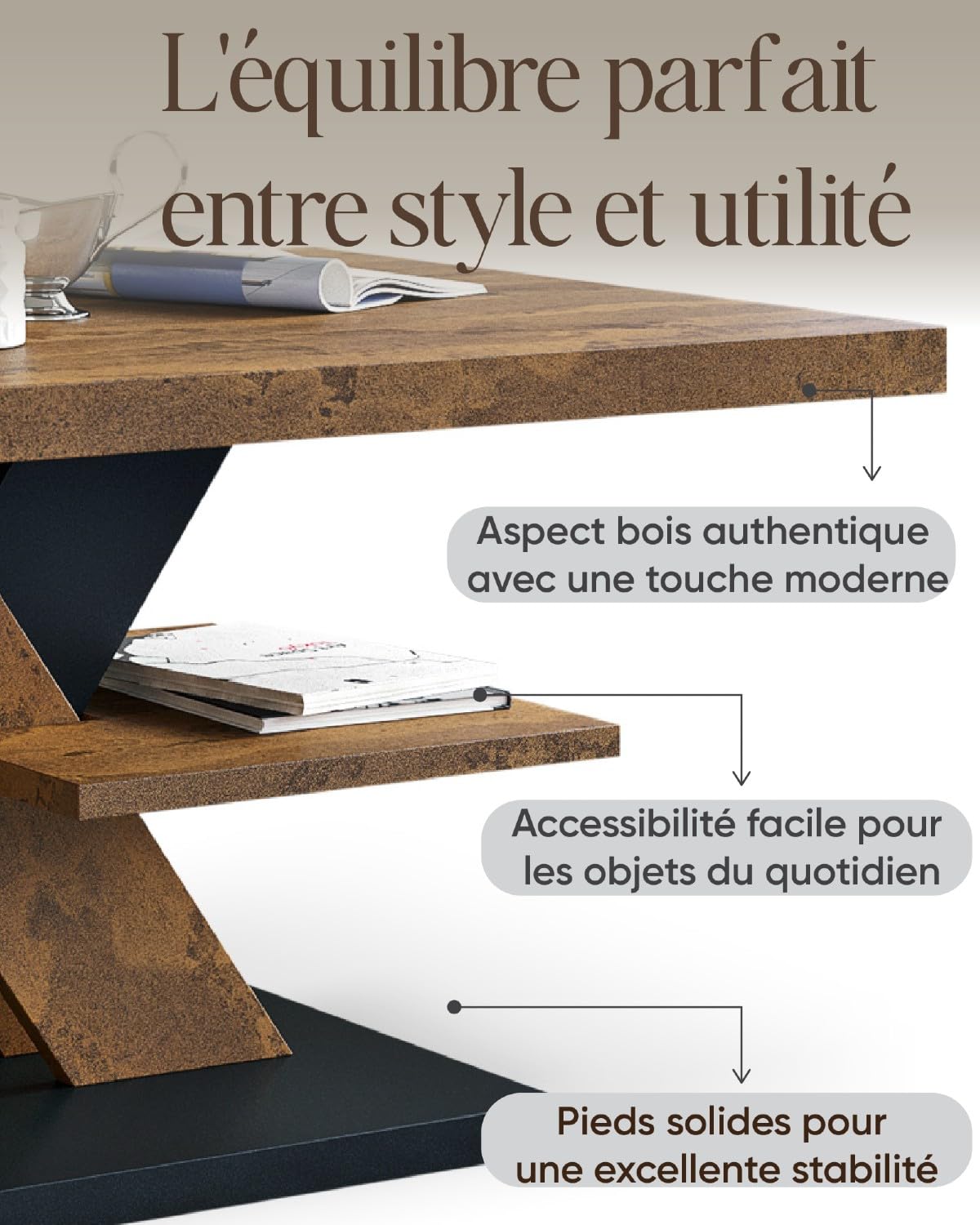 Viosimc Table Basse de Salon Rouille et Noir avec Étagère – Table Centrale Moderne et Élégante pour Le Thé ou Le Café, Design Épuré – Un Choix Parfait pour Votre Salon | Coffee Table for Living Room