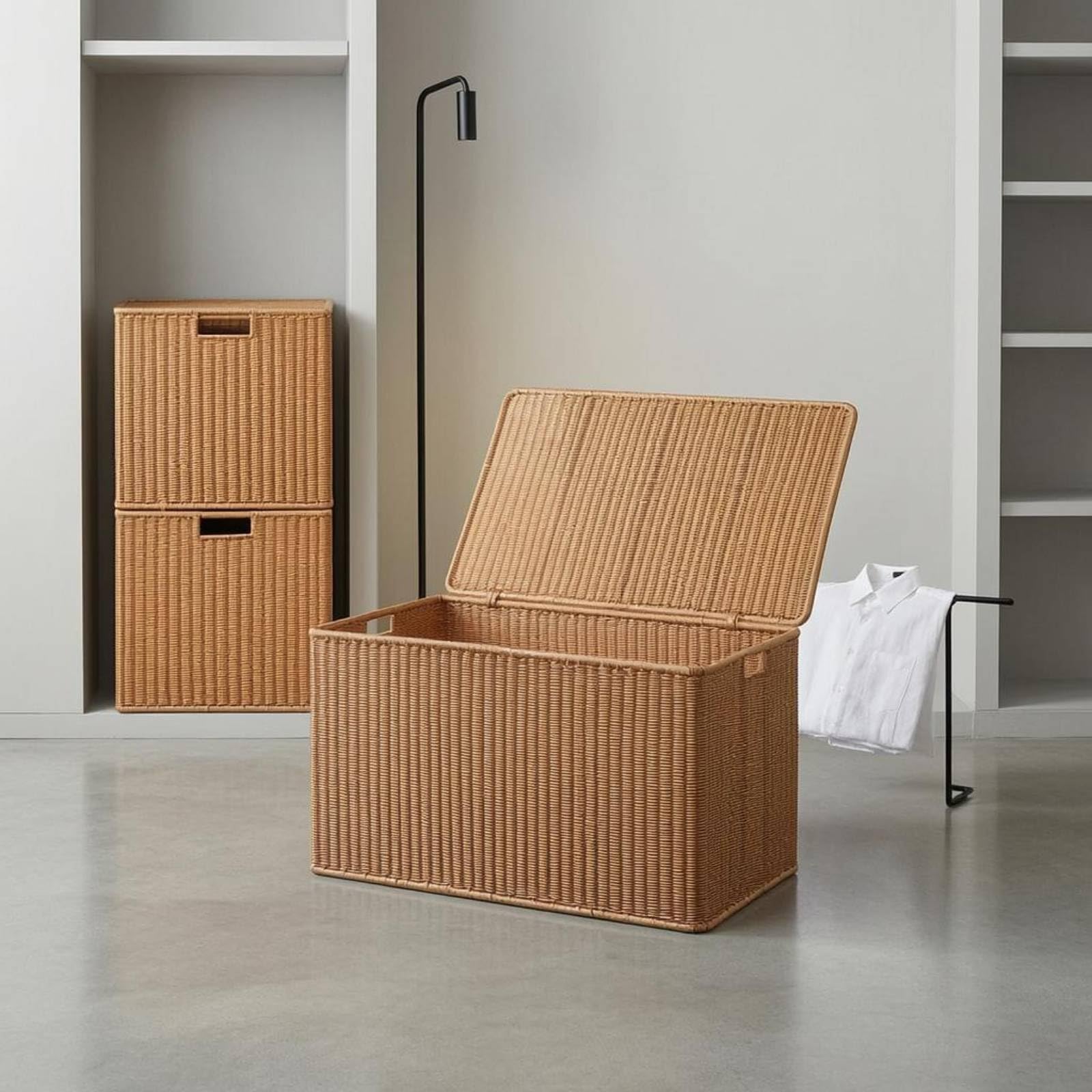 Baúl de Almacenamiento Grande Rattan Imitación Organizador Arcón con Tapa Contenedor con Asas Diseño Tejido y Marco Firme Adecuado para Salón, Marrón Claro, 79.5X40X38.5/40CM