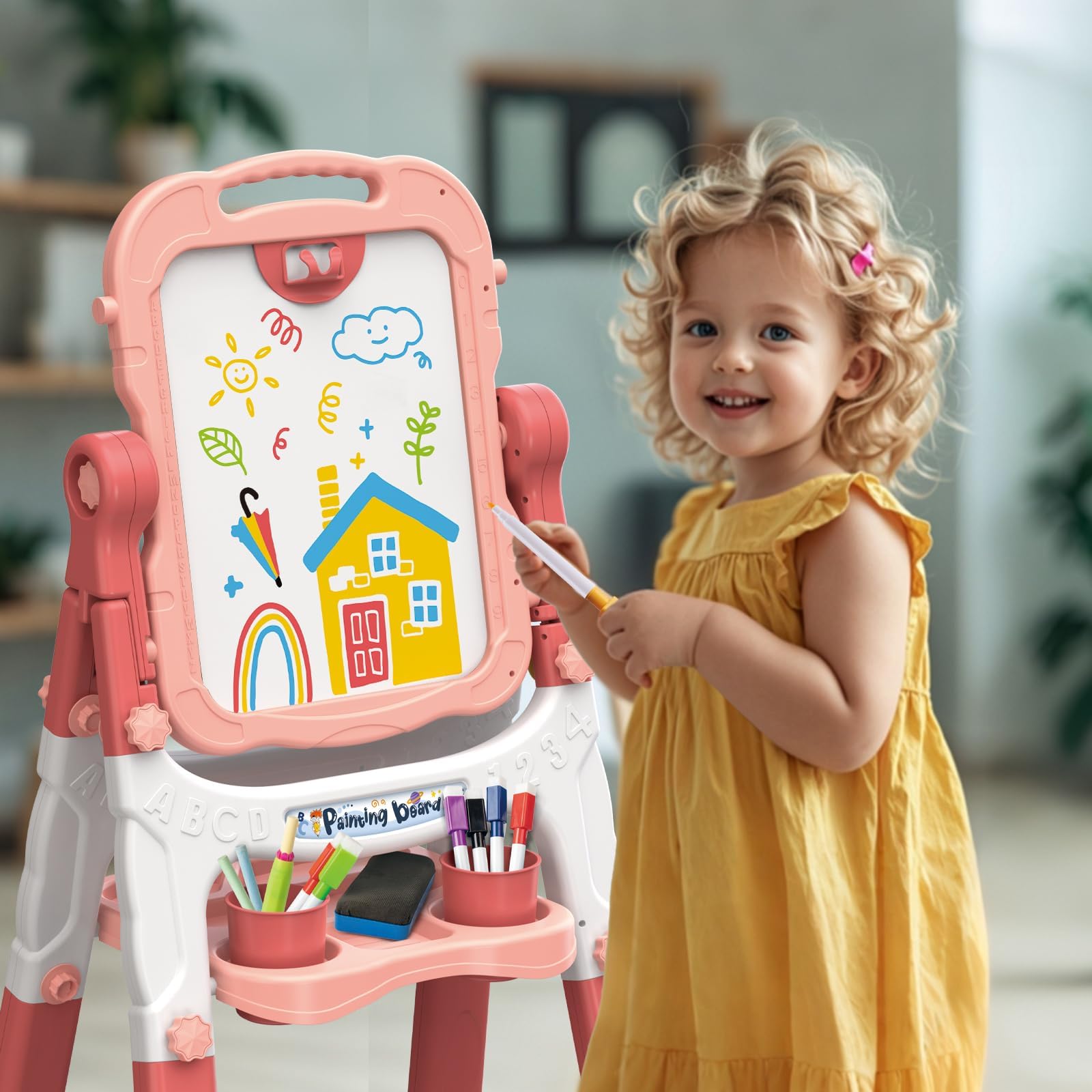 Caballete para niños, caballete para niños, pizarra de tiza de doble cara para niños, pizarra blanca, caballete de arte para niños, caballete de arte de 4 a 8 años, regalo de Navidad, rosa y 8