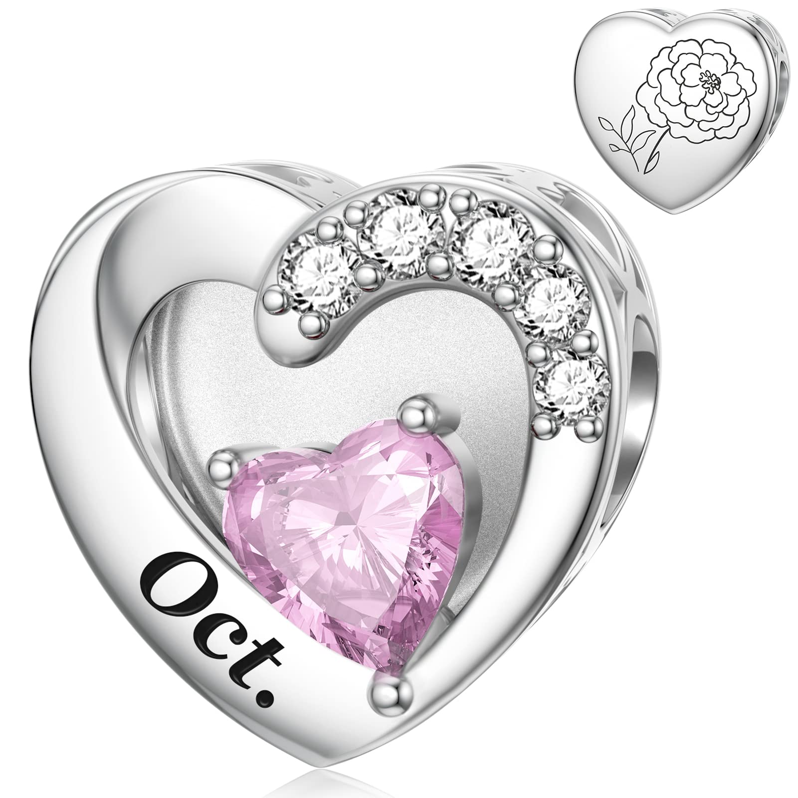 SEVENWELL Jan-Dec Birthstone Charms for Pandora Bracelets, Heart Charm | Fits Most European Charm Bracelets, Sparkling Heart CZ, Birth Flower Engraved, Gift Ready, Nickel-Free