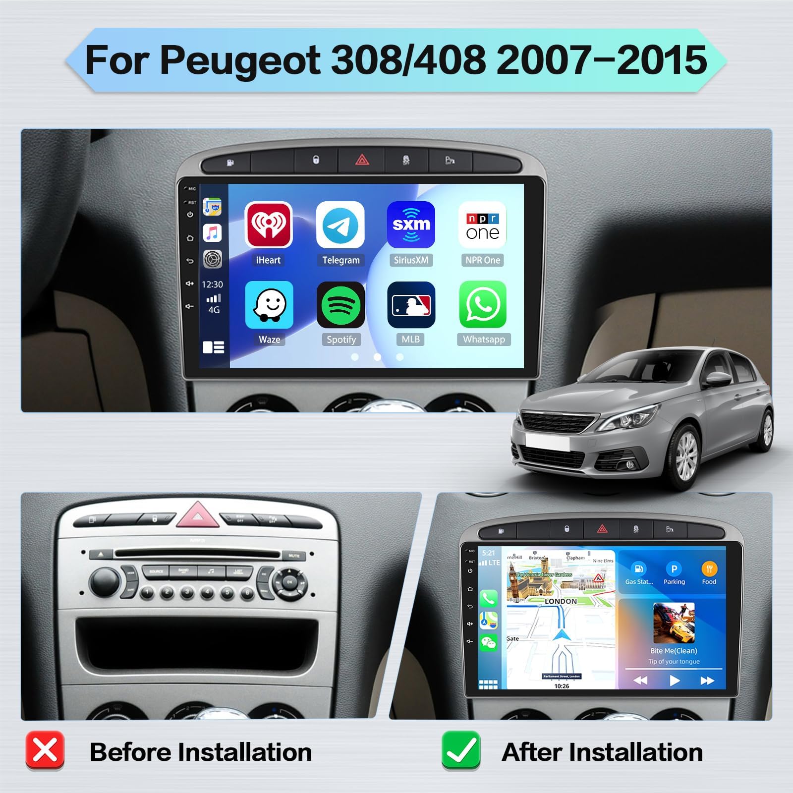 Autoradio met CarPlay voor Peugeot 308/408 (2007-2015), 9-inch touchscreen autoradio 2G 64G met draadloze CarPlay Android Auto, Bluetooth/Mirror Link/GPS/WiFi/FM/RDS/SWC achteruitrijcamera