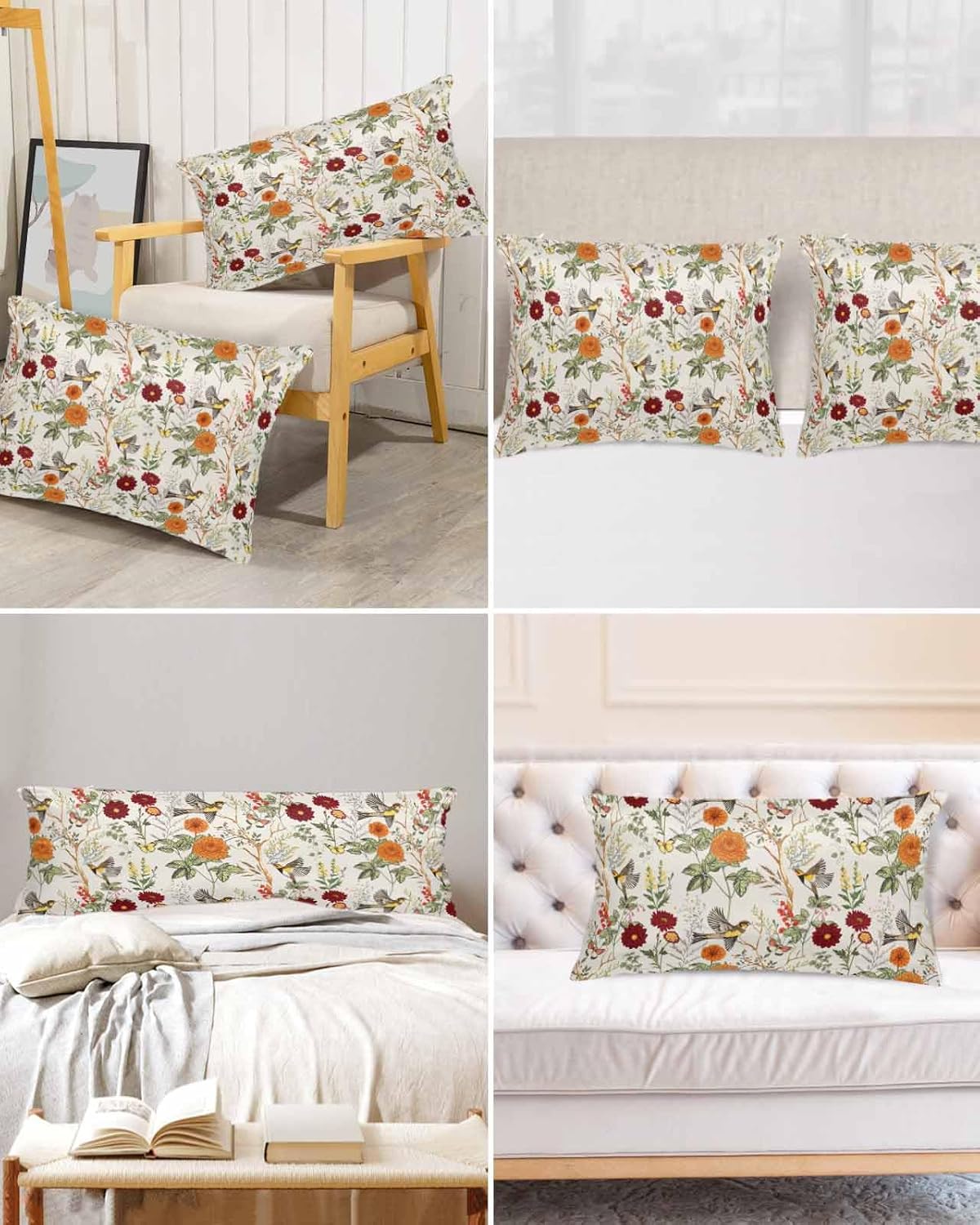 Orange Green Red Botanical Pillow Cases Cal King Size, Smooth Satin Pillowcase for Hair and Skin, Vintage Birds Floral Decorative Cooling Bed Pillow Covers with Zipper, 20x40 Inches