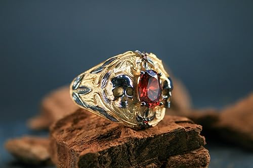 Vista 2 de Gilded Skull Ring with Red Zircon Stone - Unique 925 Silver Craftsmanship